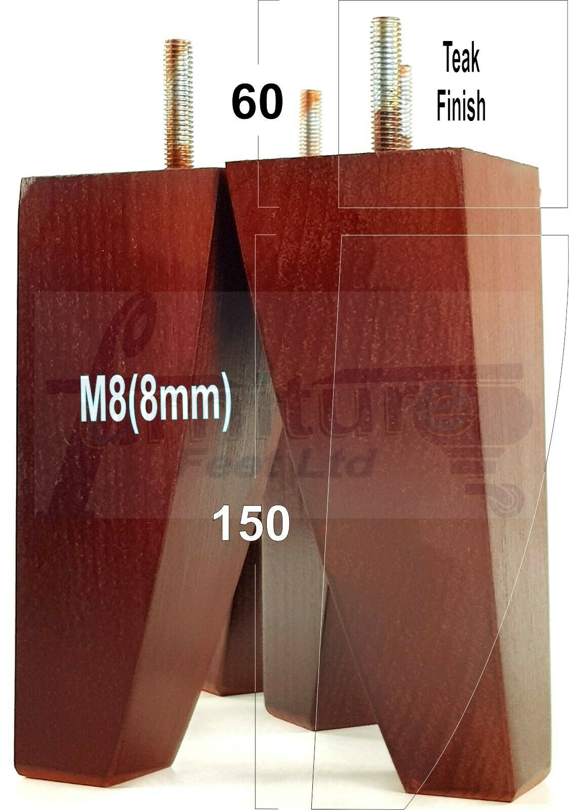 4x Tapered Square Furniture Legs Sofa Feet M8 for Chairs, Settees 150mm High