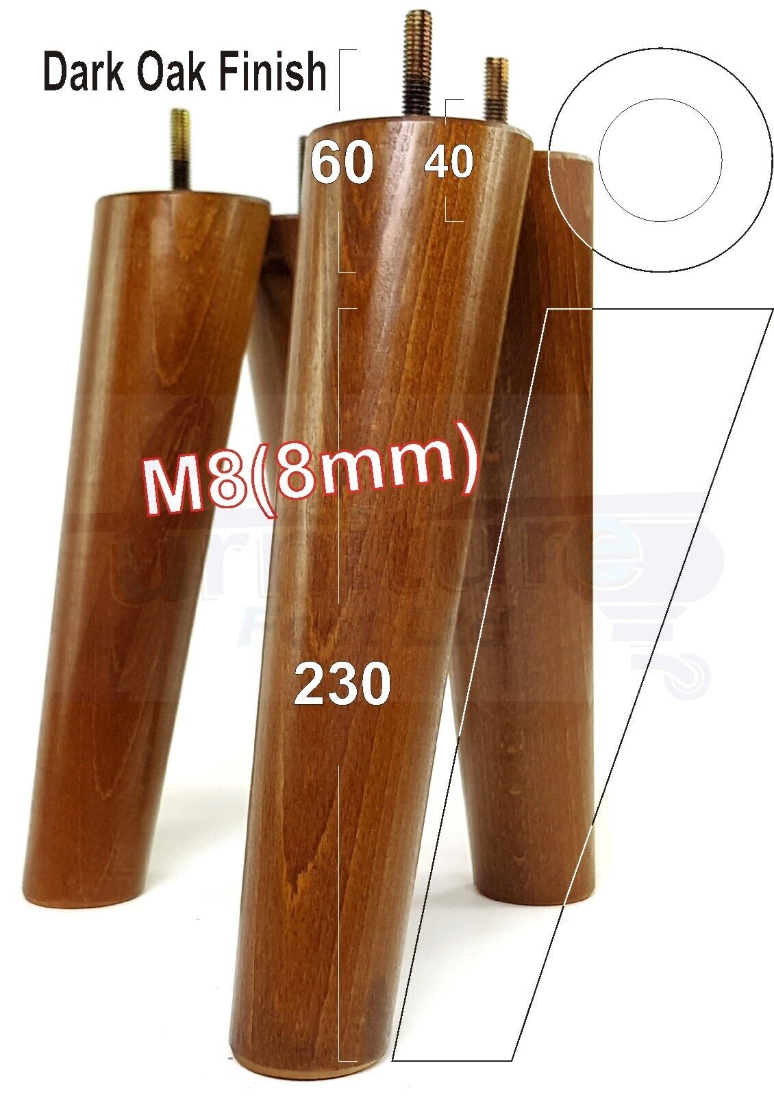 4 Solid Wood Turned Furniture Feet Replacement Mid Centry Angled Retro Legs 230mm High M8 Sofa Chairs Stools Cabinets Beds