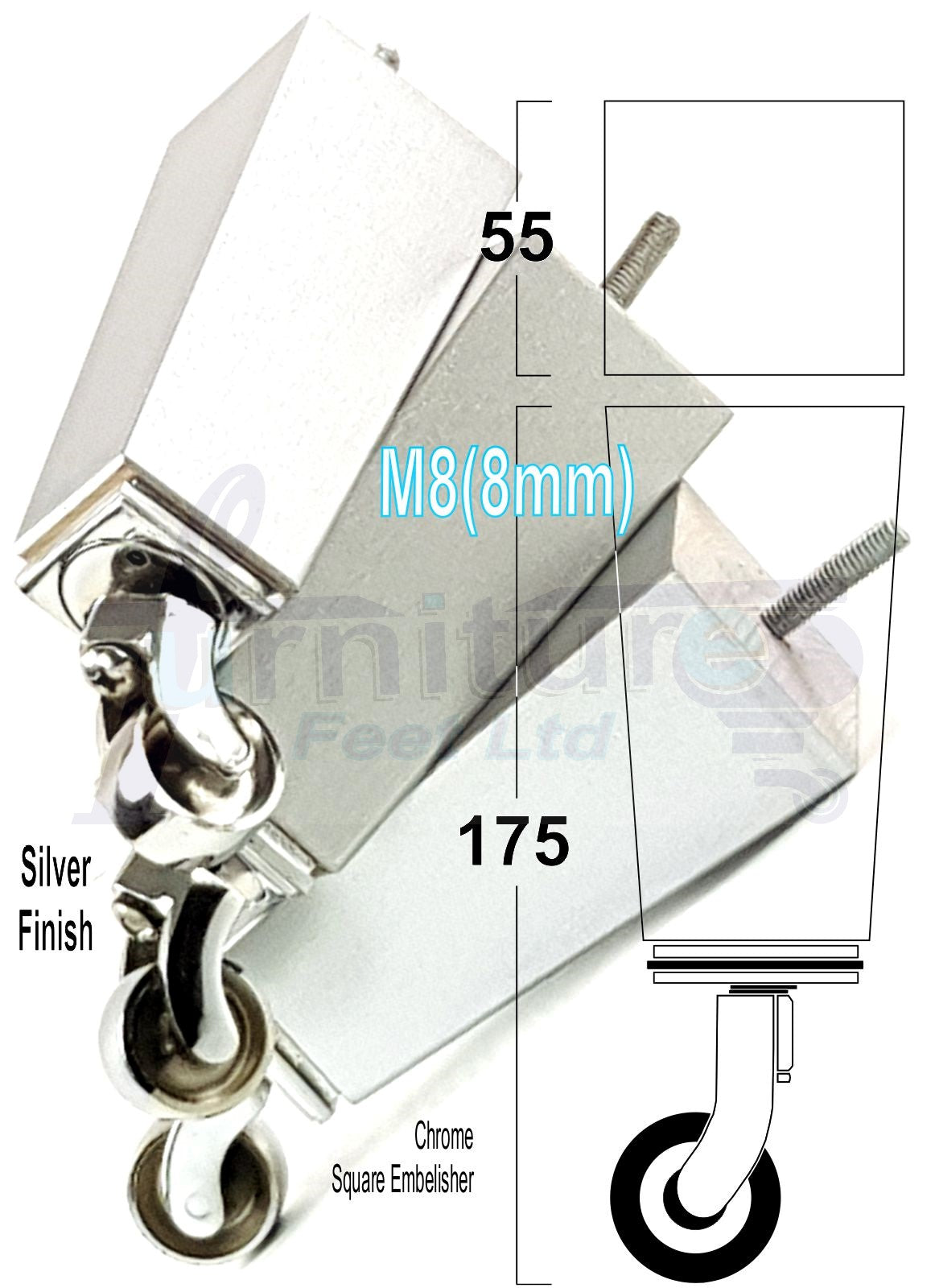 4x Solid Wood Furniture Legs Chair Sofa Bed Replacement Feet 175mm High With Chrome Castors 8mm Thread