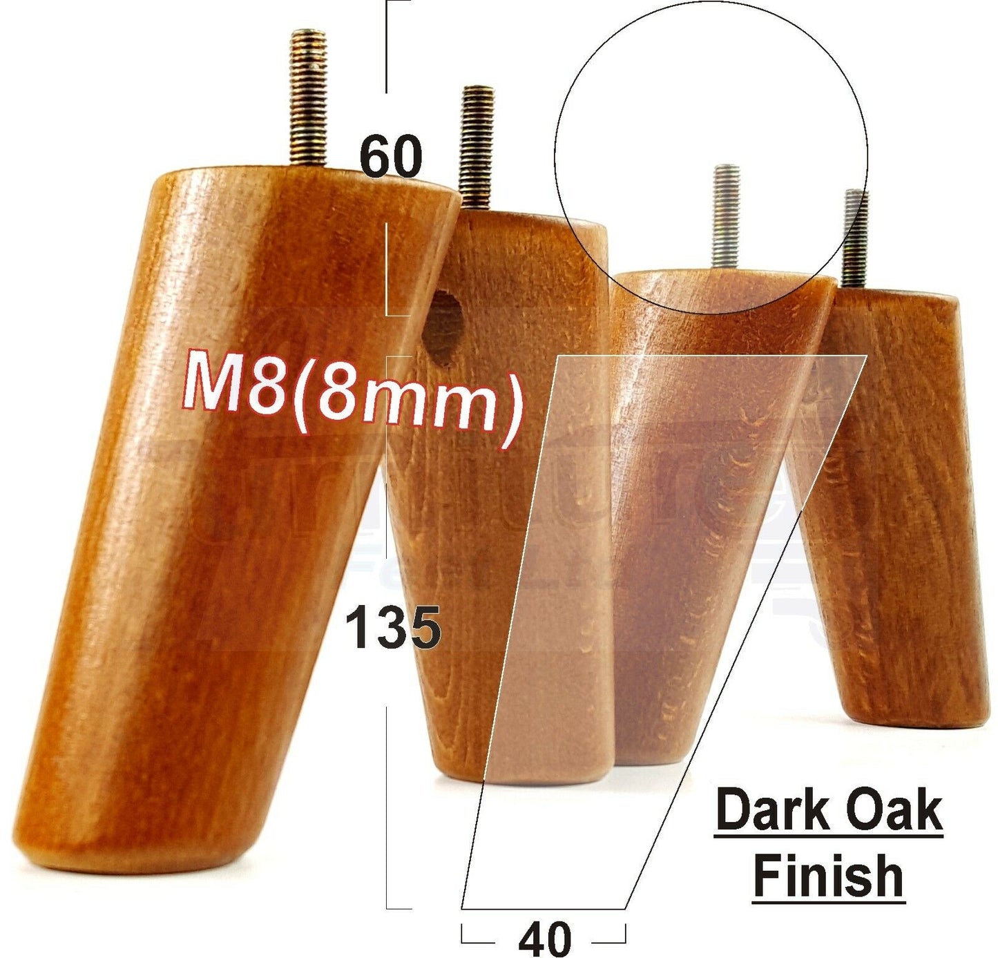 4 Solid Wood Turned Furniture Feet Replacement Mid Centry Angled Retro Legs 135mm High M8 Sofa Chairs Stools Cabinets Beds