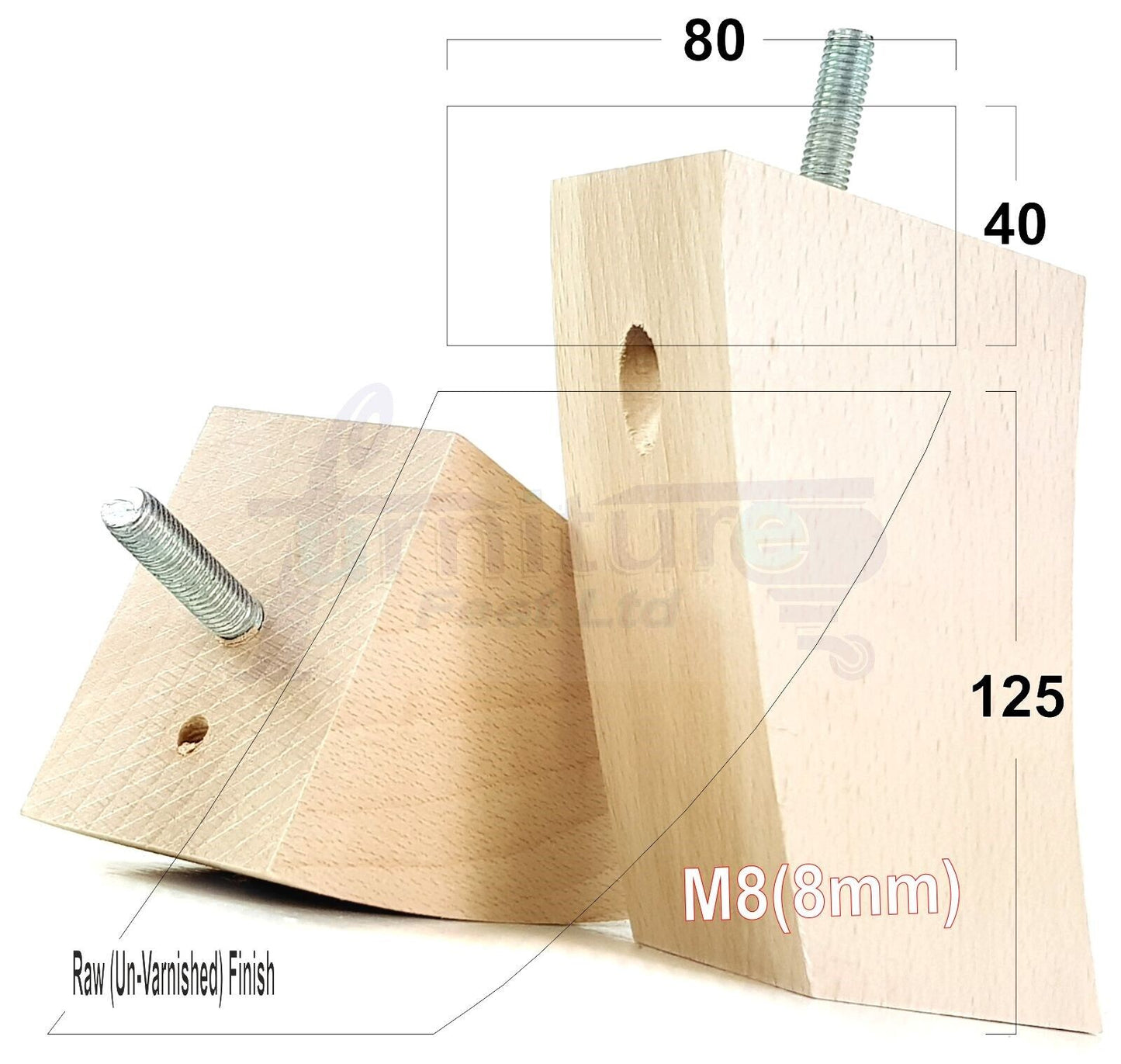 SET OF 4 WOODEN FURNITURE FEET 125mm HIGH REPLACEMENT SOFA LEGS 8mm Thread