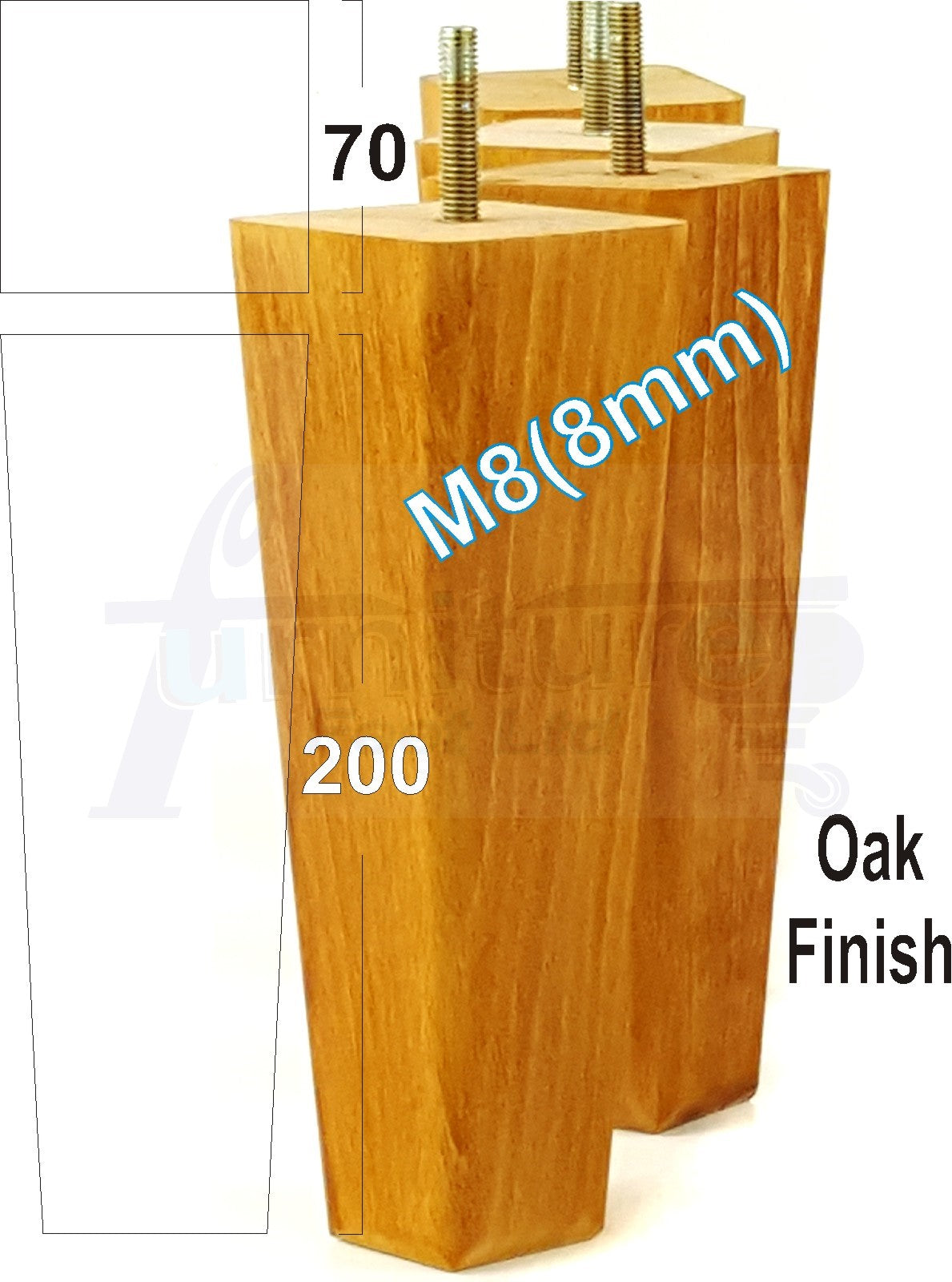 4x Wooden Furniture Legs 200mm High Replacement Square Tapered Feet 8mm