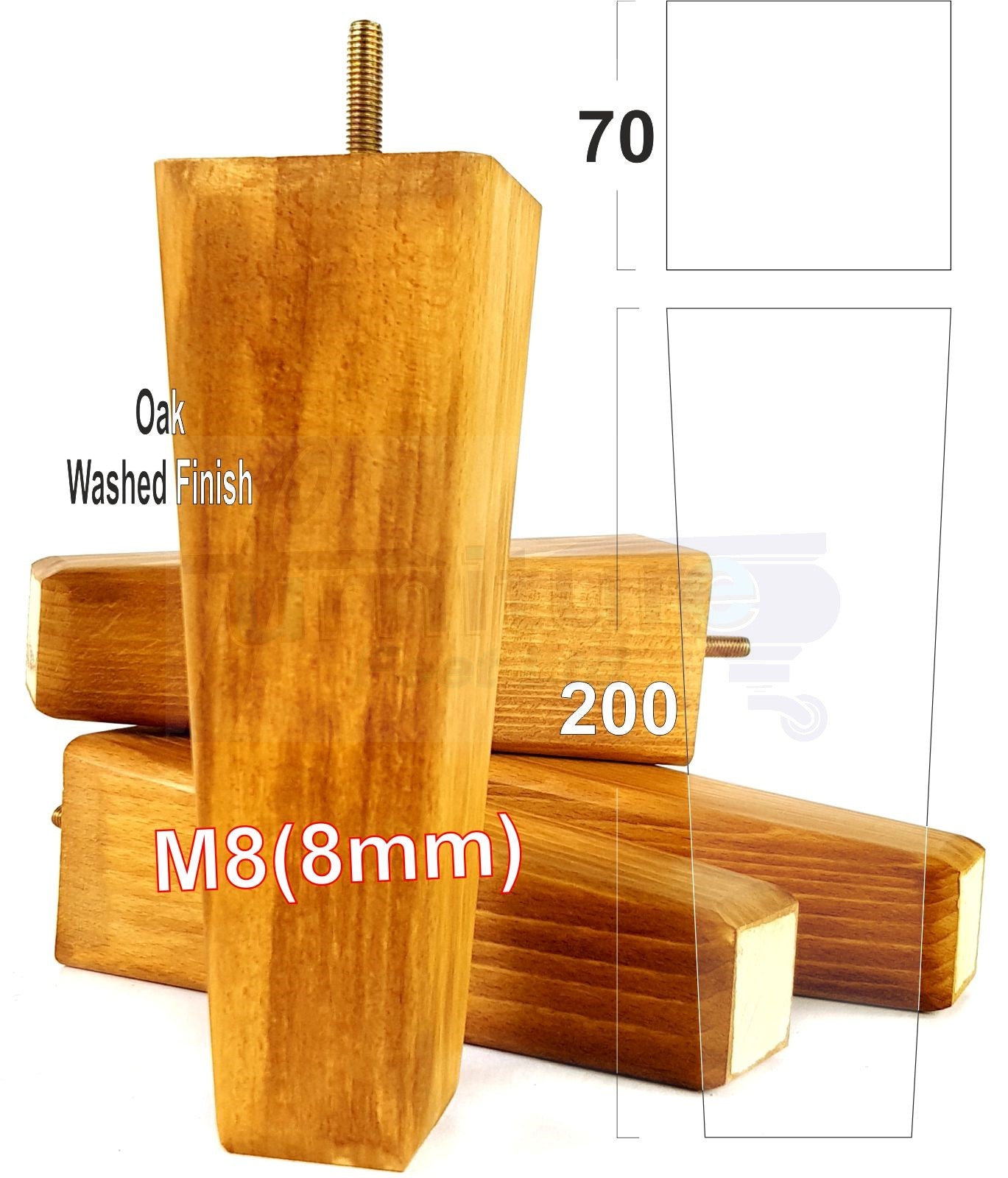 4x Wooden Furniture Legs 200mm High Replacement Square Tapered Feet 8mm