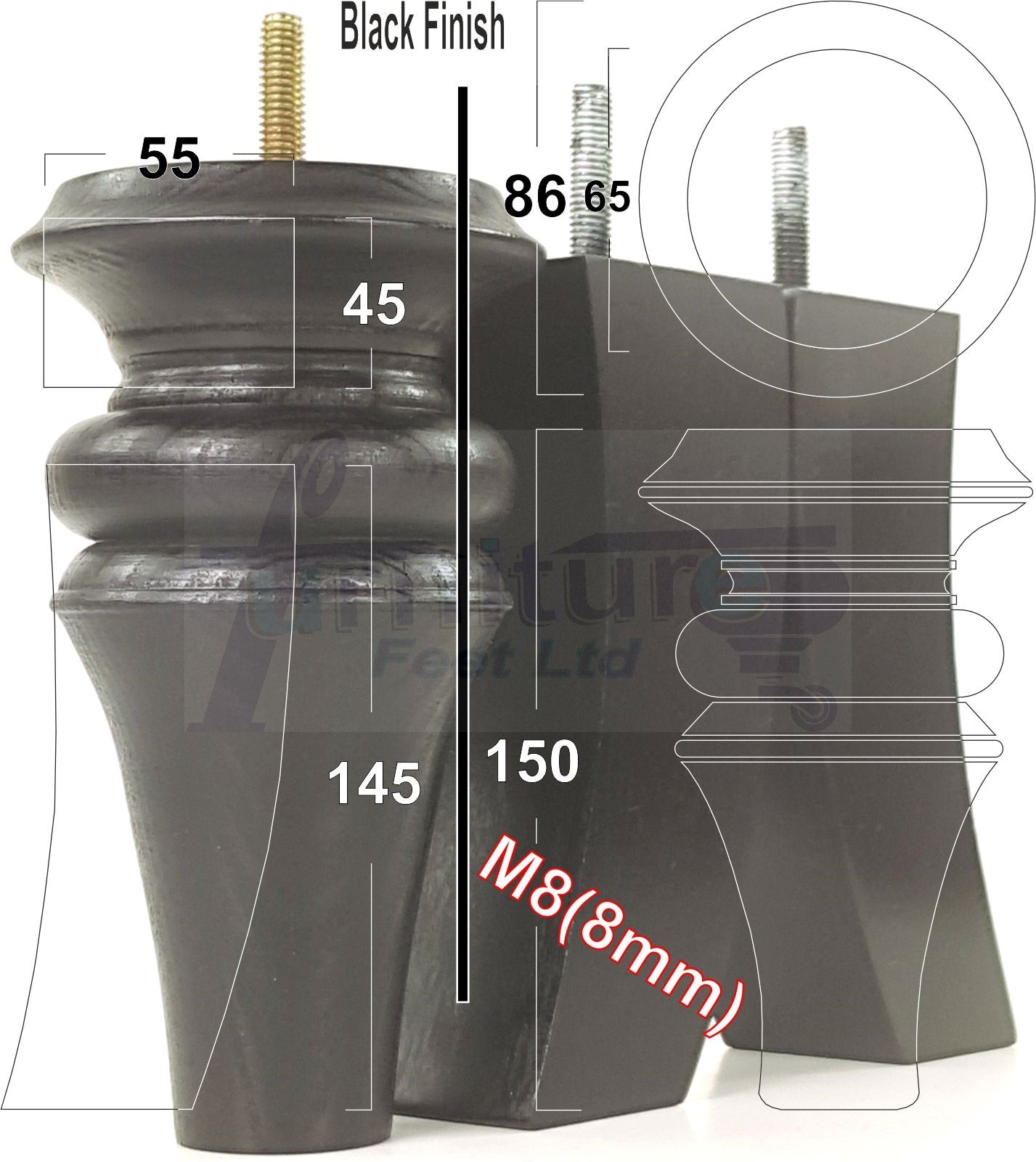 2x Turned & 2x Curved Back Wooden Feet Replacement Furniture Legs 150mm M8(8mm)