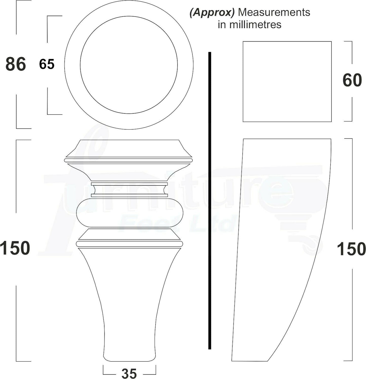 2x Turned & 2x Curved Back Wooden Feet Replacement Furniture Legs 150mm M8(8mm)