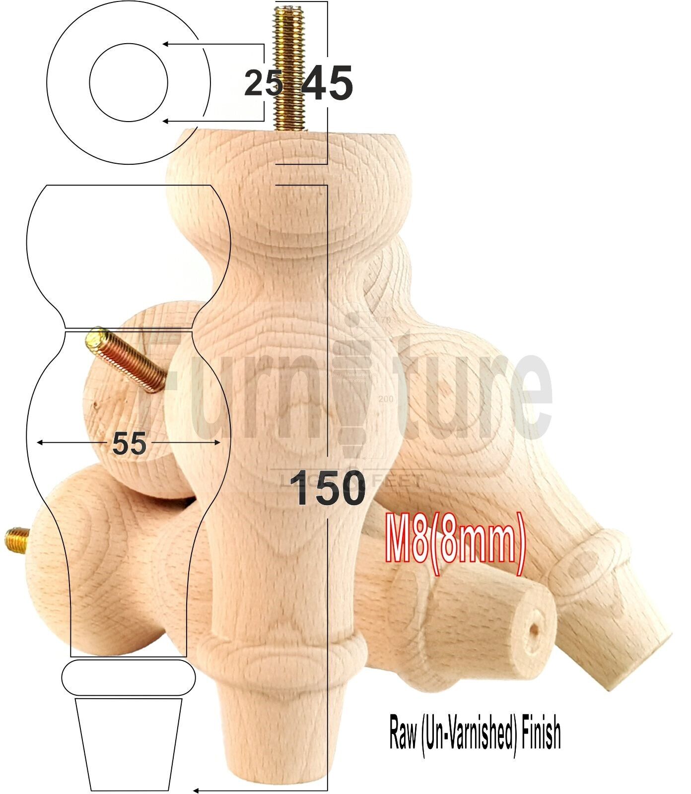 Set Of 4 Solid Wood Turned Furniture Feet Replacement Legs 150mm High 8mm Thread