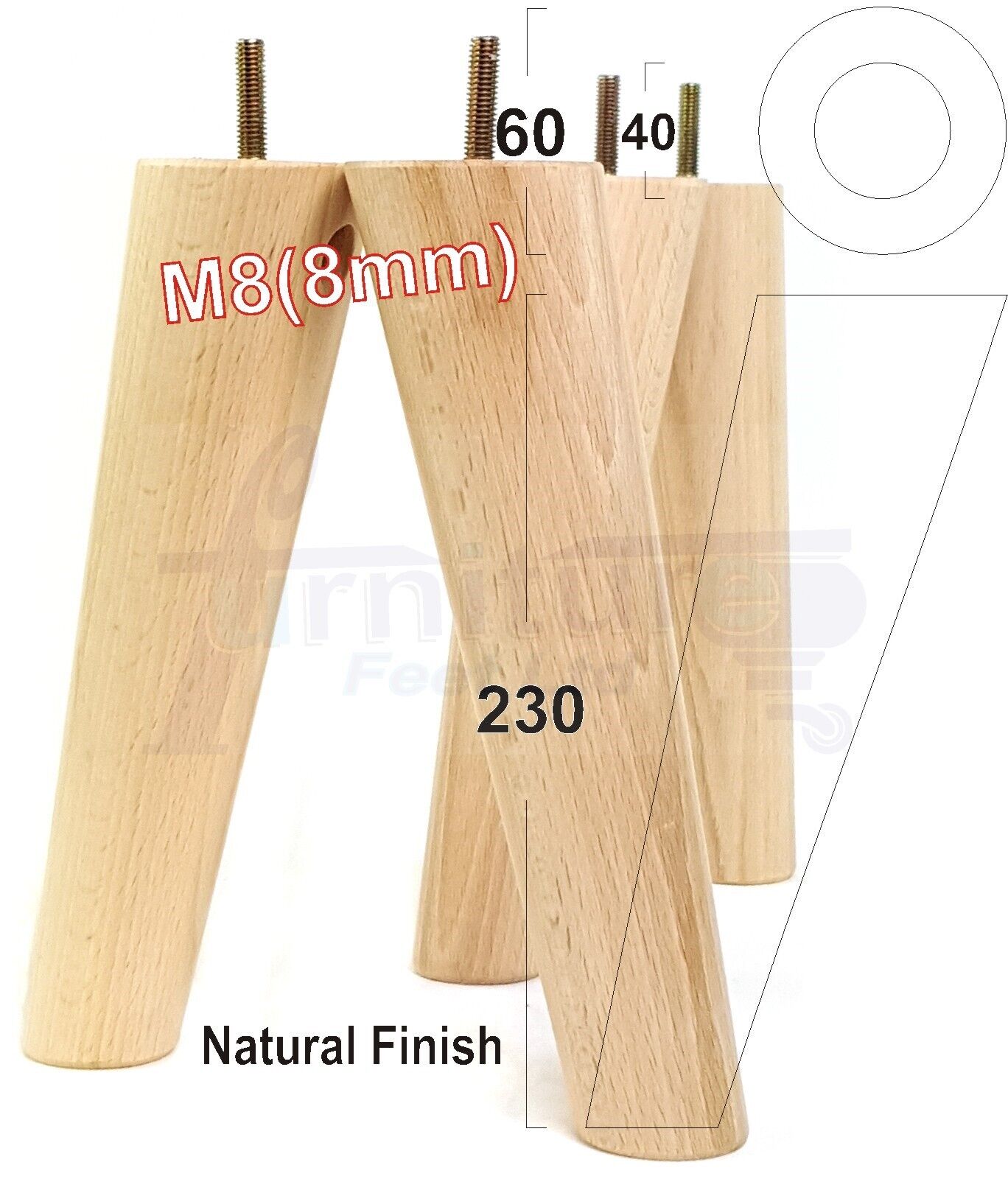 4 Solid Wood Turned Furniture Feet Replacement Mid Centry Angled Retro Legs 230mm High M8 Sofa Chairs Stools Cabinets Beds