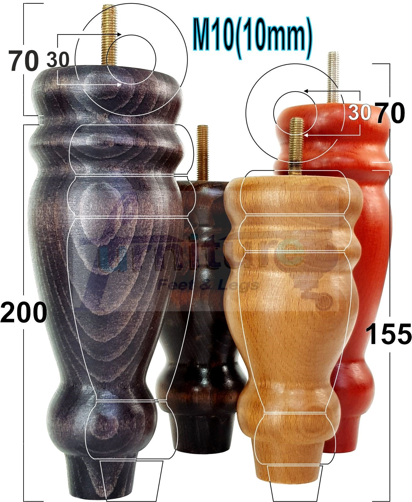 Set Of 4 Turned Wood Furniture Legs Replacement Sofa, Chair Feet 155mm High M10 Tread