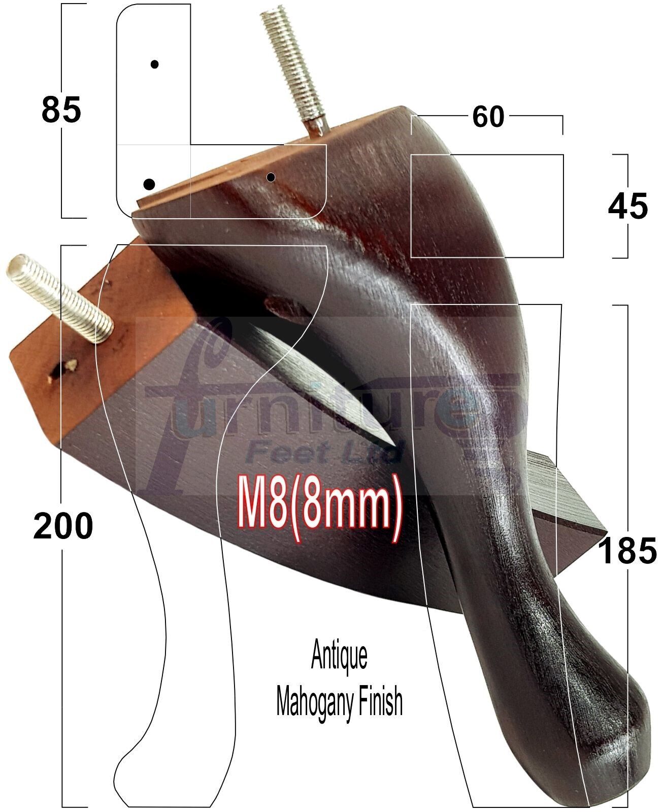 2x Vintage Queen Anne Replacement Furniture Legs & 2x Curved Back Feet 200mm High 8mm Thread