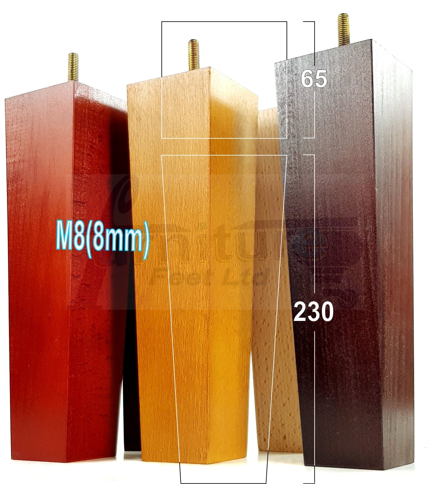 4 Solid Wood Furniture Feet Square Replacement Block Tapered Legs 230mm High M8 Sofa Chairs Stools Cabinets Beds