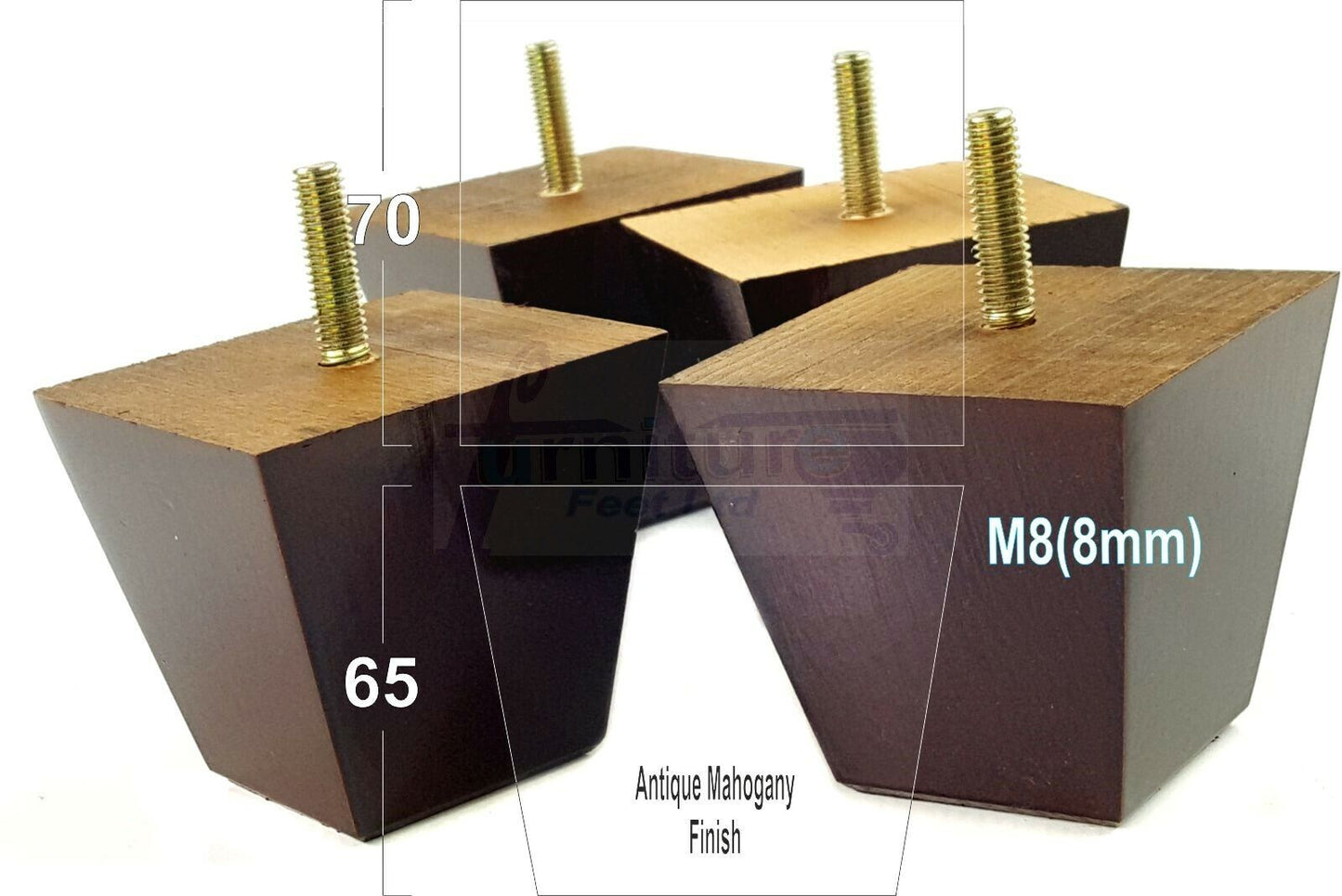 Set Of 4 Solid Wood Square Block Furniture Feet Replacement Legs 65mm High M8(8mm)