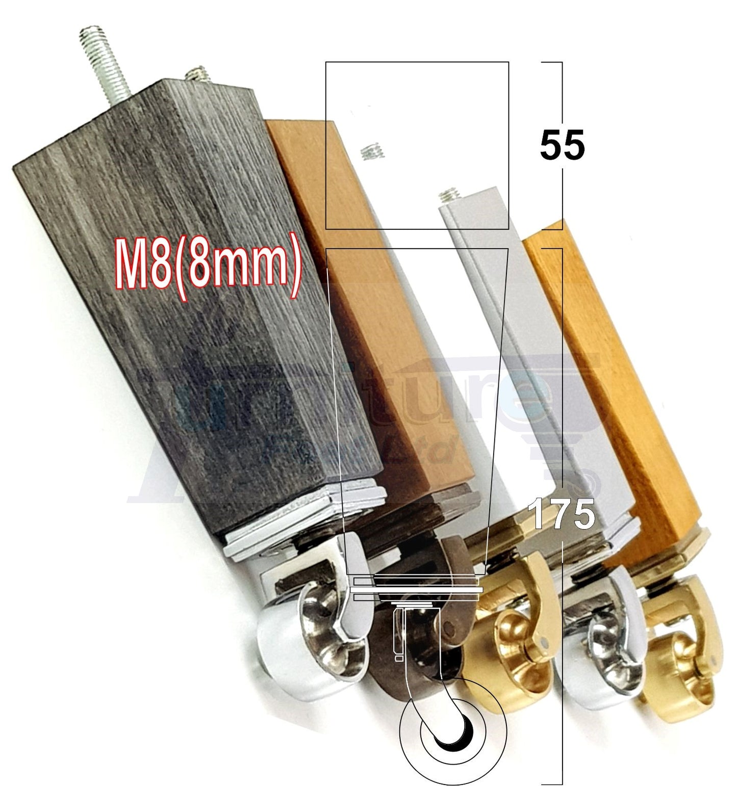 4x Solid Wood Furniture Legs Chair Sofa Bed Replacement Feet 175mm High With Brass Castors 8mm Thread