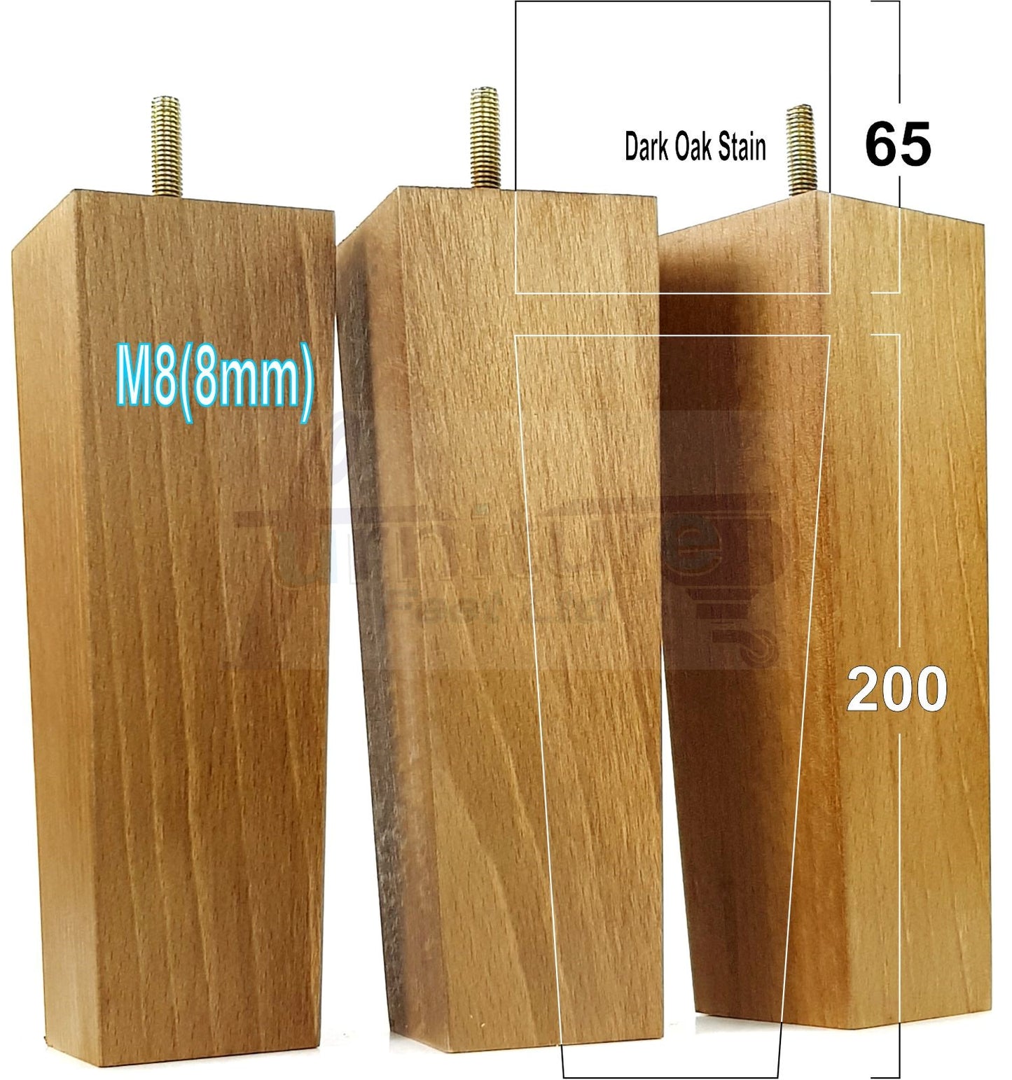 4 Solid Wood Furniture Feet Square Replacement Block Tapered Legs 200mm High M8 Sofa Chairs Stools Cabinets Beds