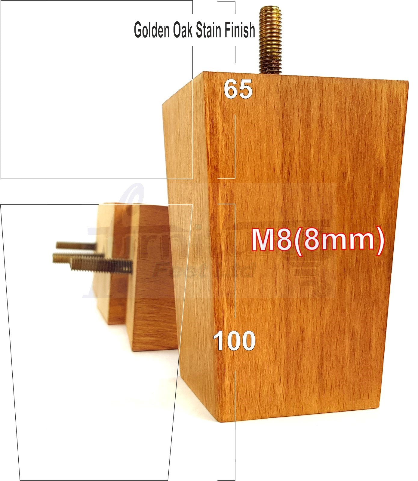 Solid Wood Furniture Feet Square Replacement Block Tapered Legs 100mm High M8 Set of 4 Sofa Chairs Stools Cabinets Beds