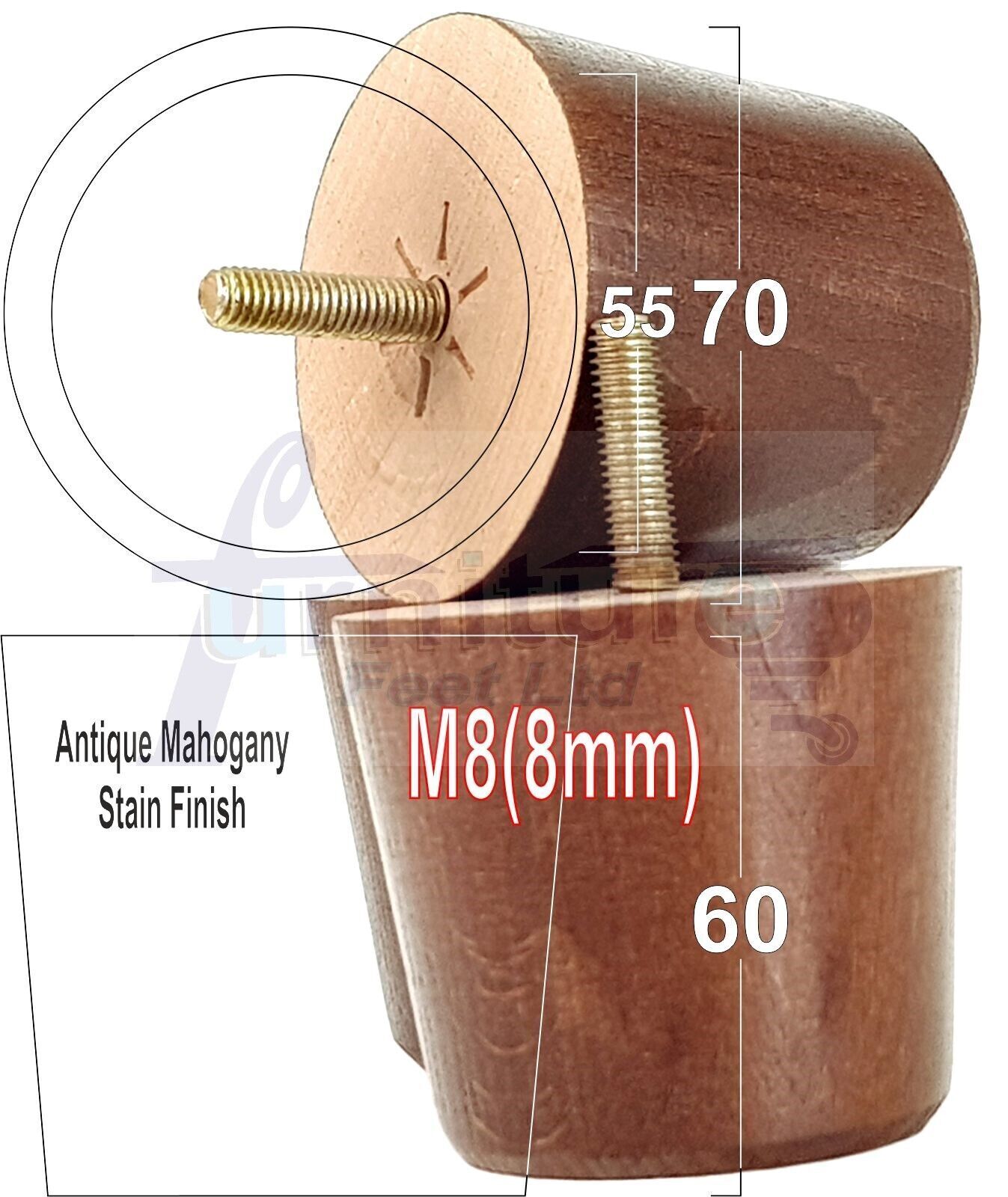 4 Replacement Bun Feet 60mm High Solid Wood Turned Furniture Legs M8 Multiple Colours Chairs Stools Sofa's Beds Settee & Cabinets 2.3 inches
