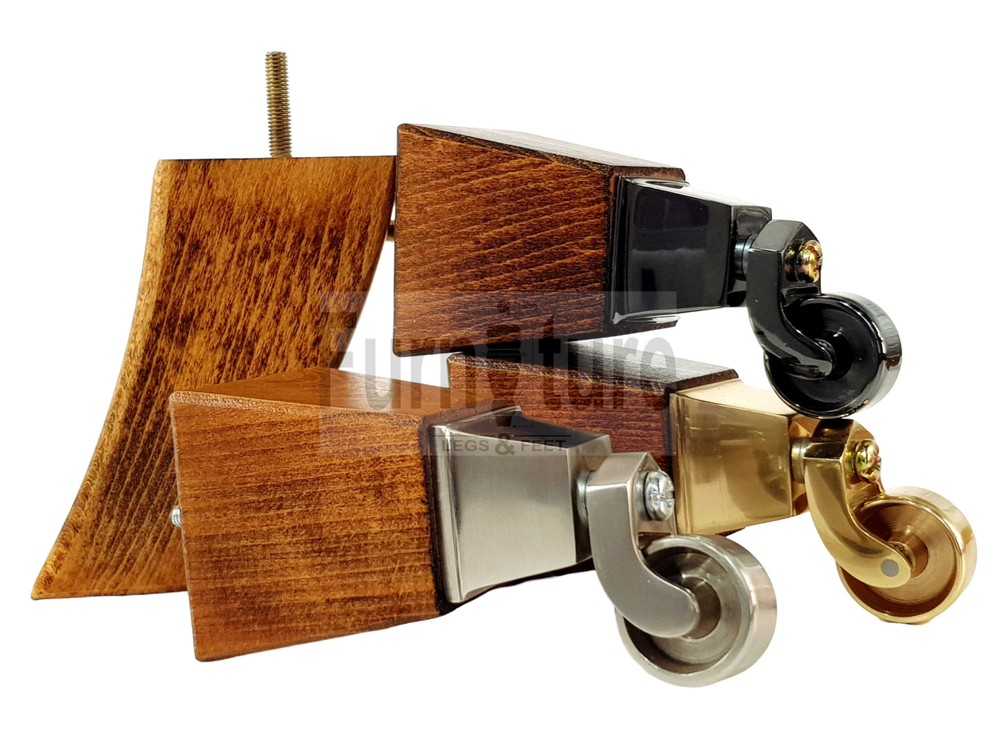 4x Block Wood Furniture Legs With Castor 8mm Thread For Chairs Settees Sofa 150mm High