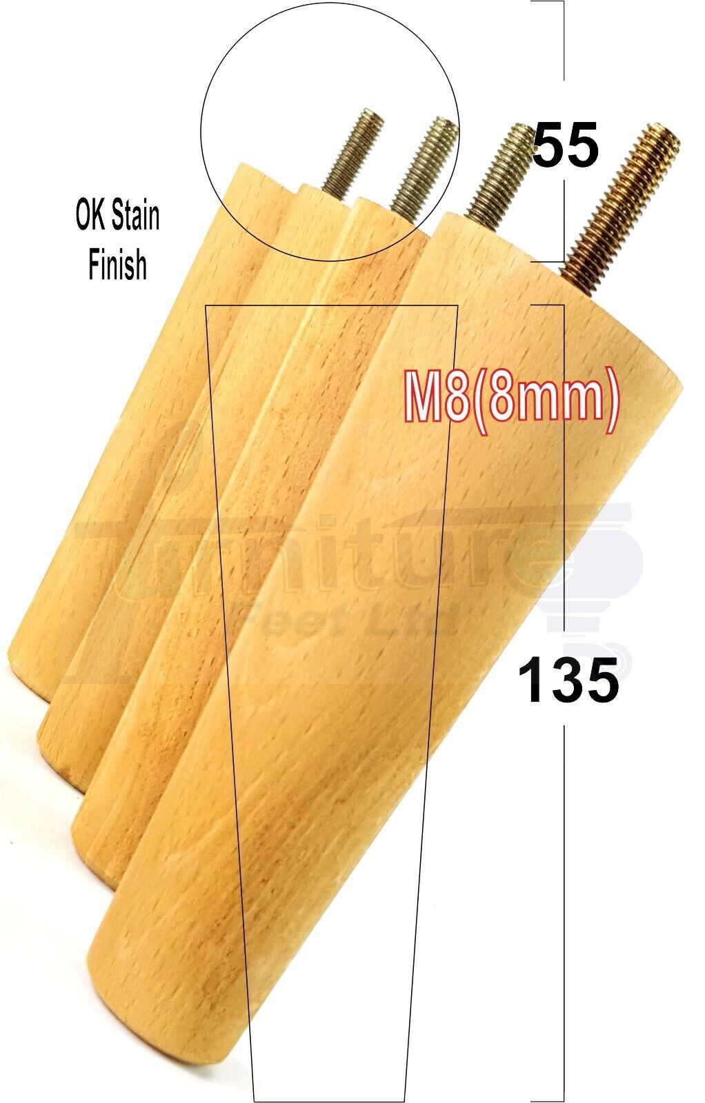 4 Solid Wood Replacement Furniture Chair Legs M8 Settee Sofa Feet 135mm High