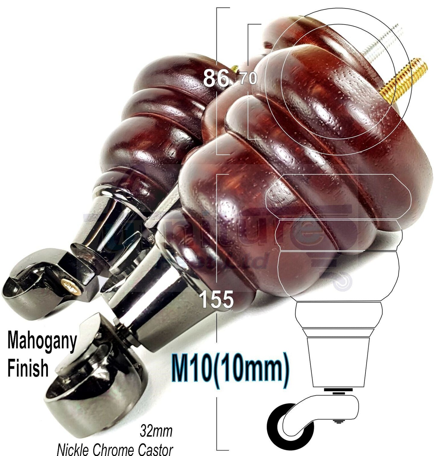 4 Mahogany Turned Wood Furniture Feet With Castors 155mm Legs Sofas Chairs Stools Cabinets Beds M10 6 Inches