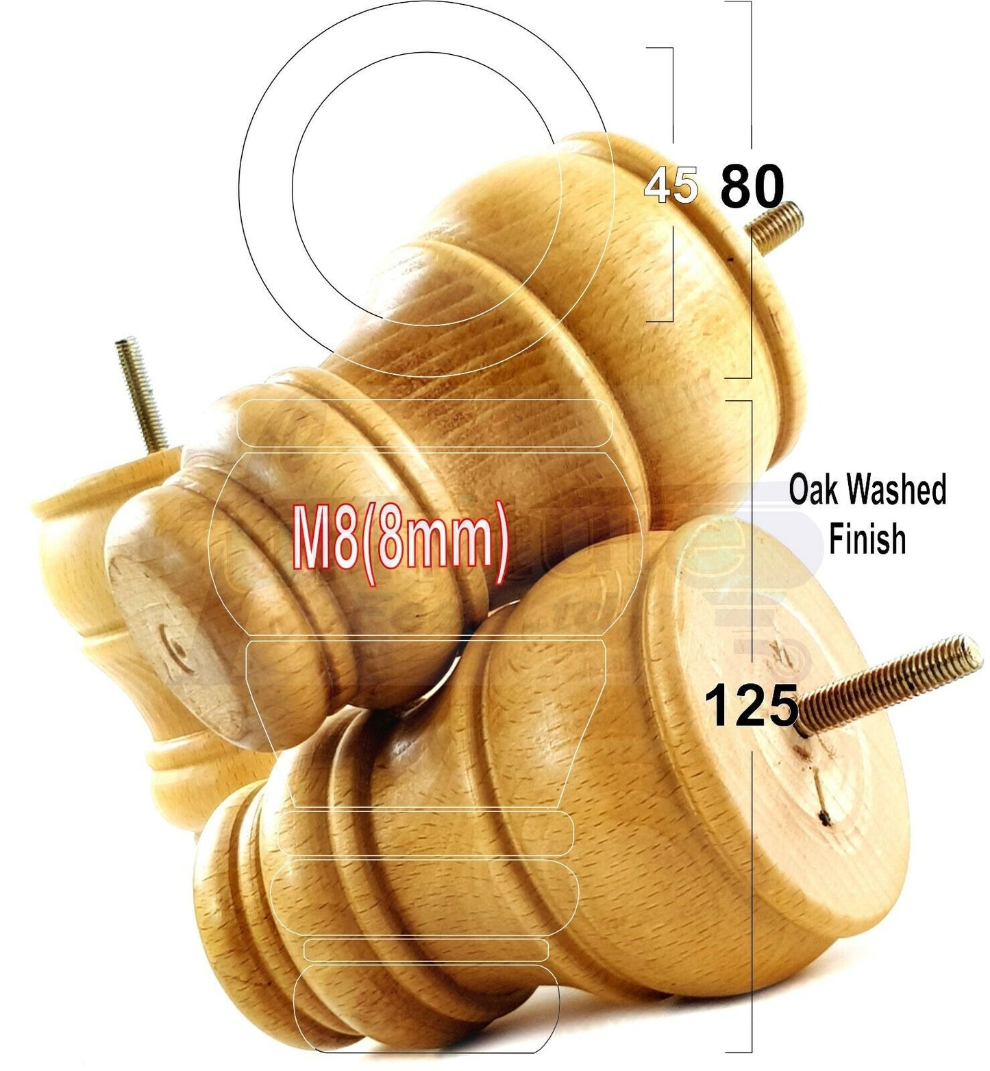 4 Turned Wood Furniture Chair Legs M8 Replacement Sofa Settee Feet 125mm High