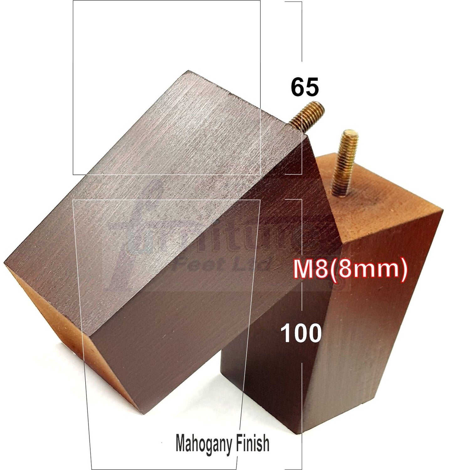 Solid Wood Furniture Feet Square Replacement Block Tapered Legs 100mm High M8 Set of 4 Sofa Chairs Stools Cabinets Beds