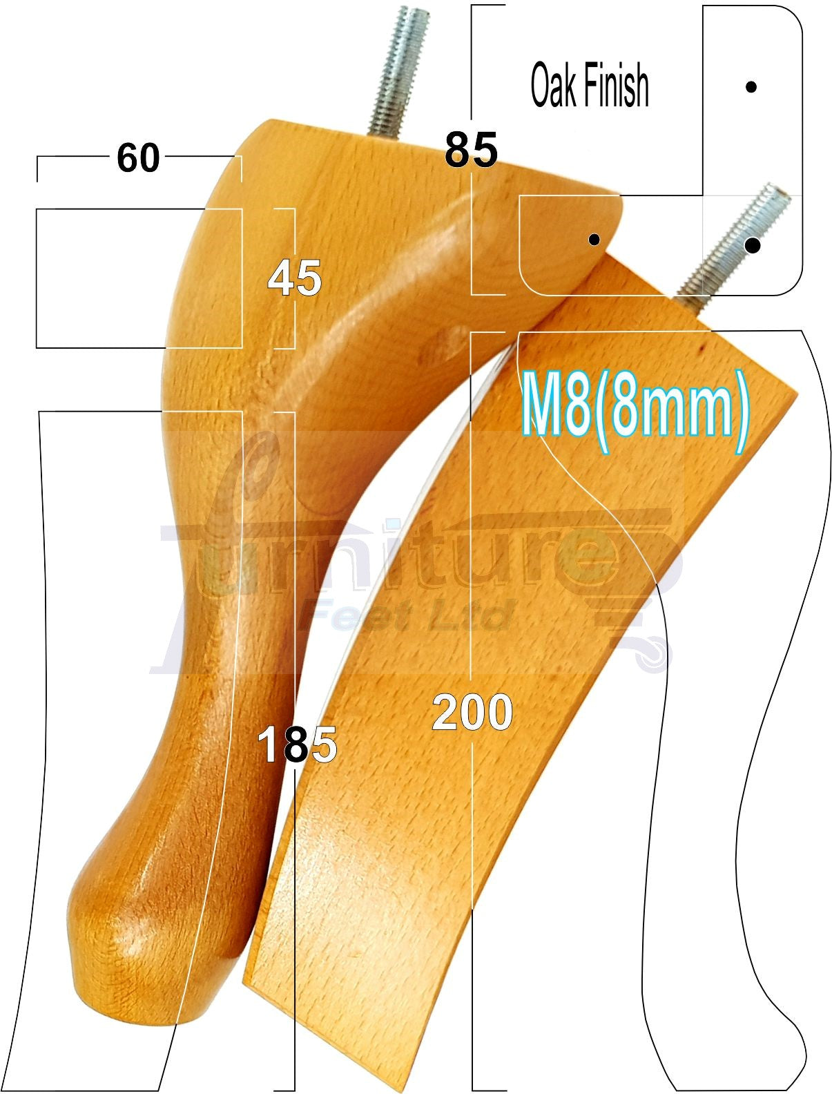 2x Vintage Queen Anne Replacement Furniture Legs & 2x Curved Back Feet 200mm High 8mm Thread