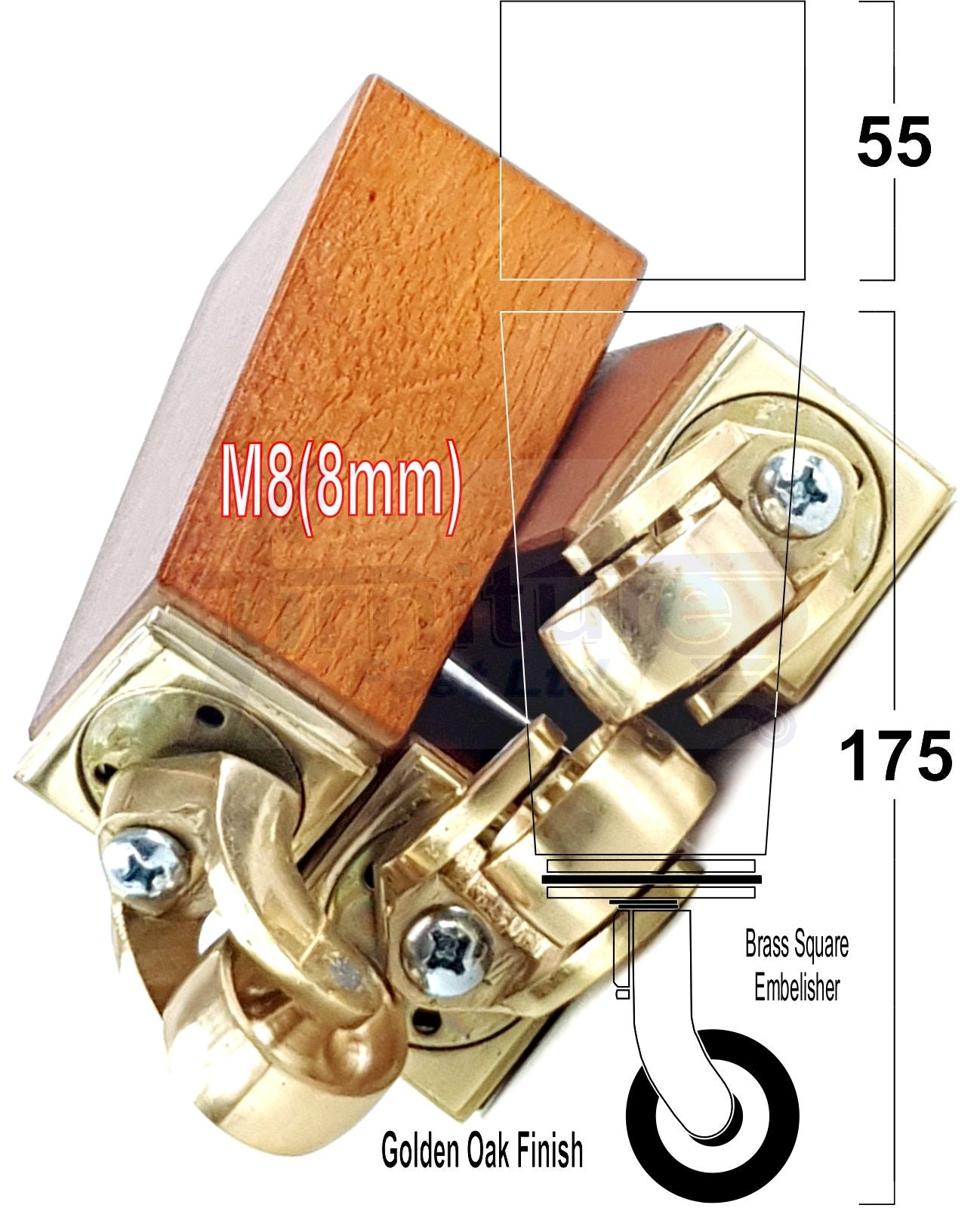 4x Solid Wood Furniture Legs Chair Sofa Bed Replacement Feet 175mm High With Brass Castors 8mm Thread