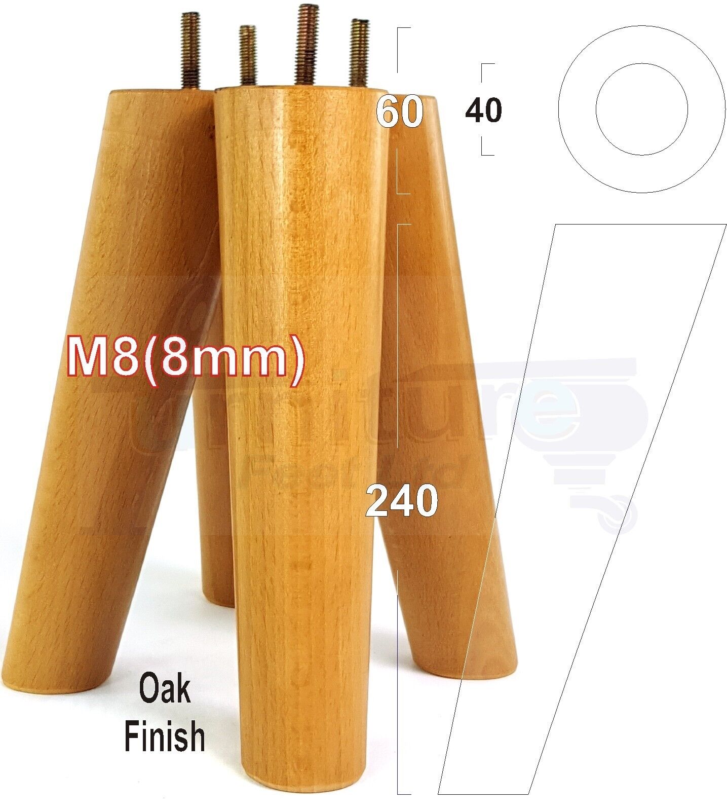 4x Wood Replacement Angled Furniture Chair Legs M8 Settee Sofa Feet 240mm High