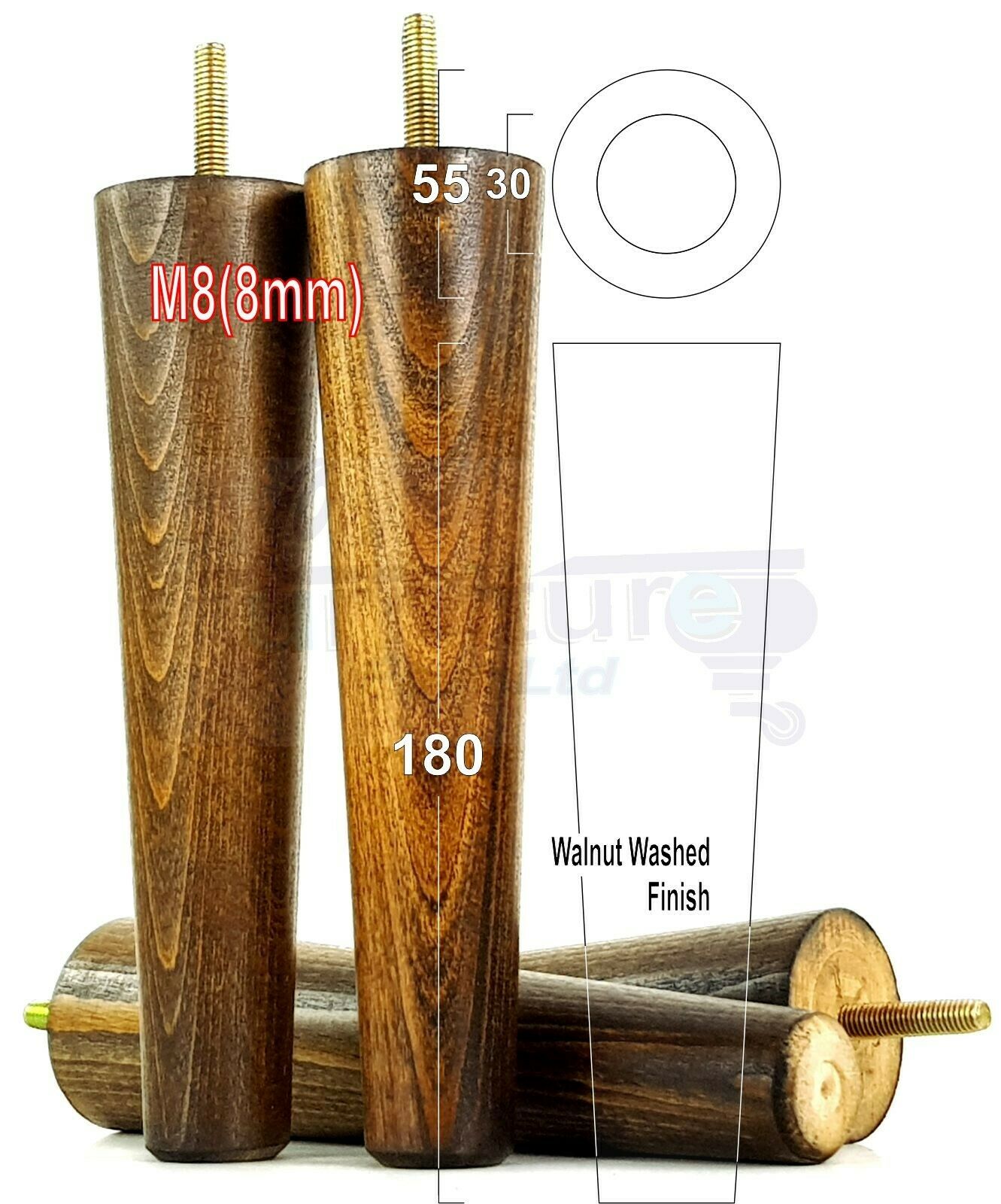 4 Retro Wood Replacement Furniture Chair Legs M8 Footstool Settee Sofa Feet 180mm High
