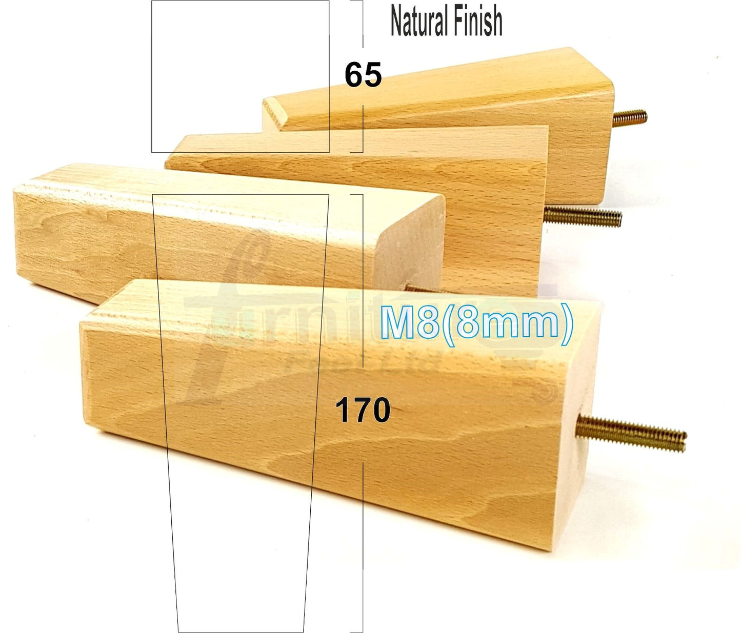 4x Wooden Furniture Legs 170mm High Replacement Square Tapered Feet 8mm