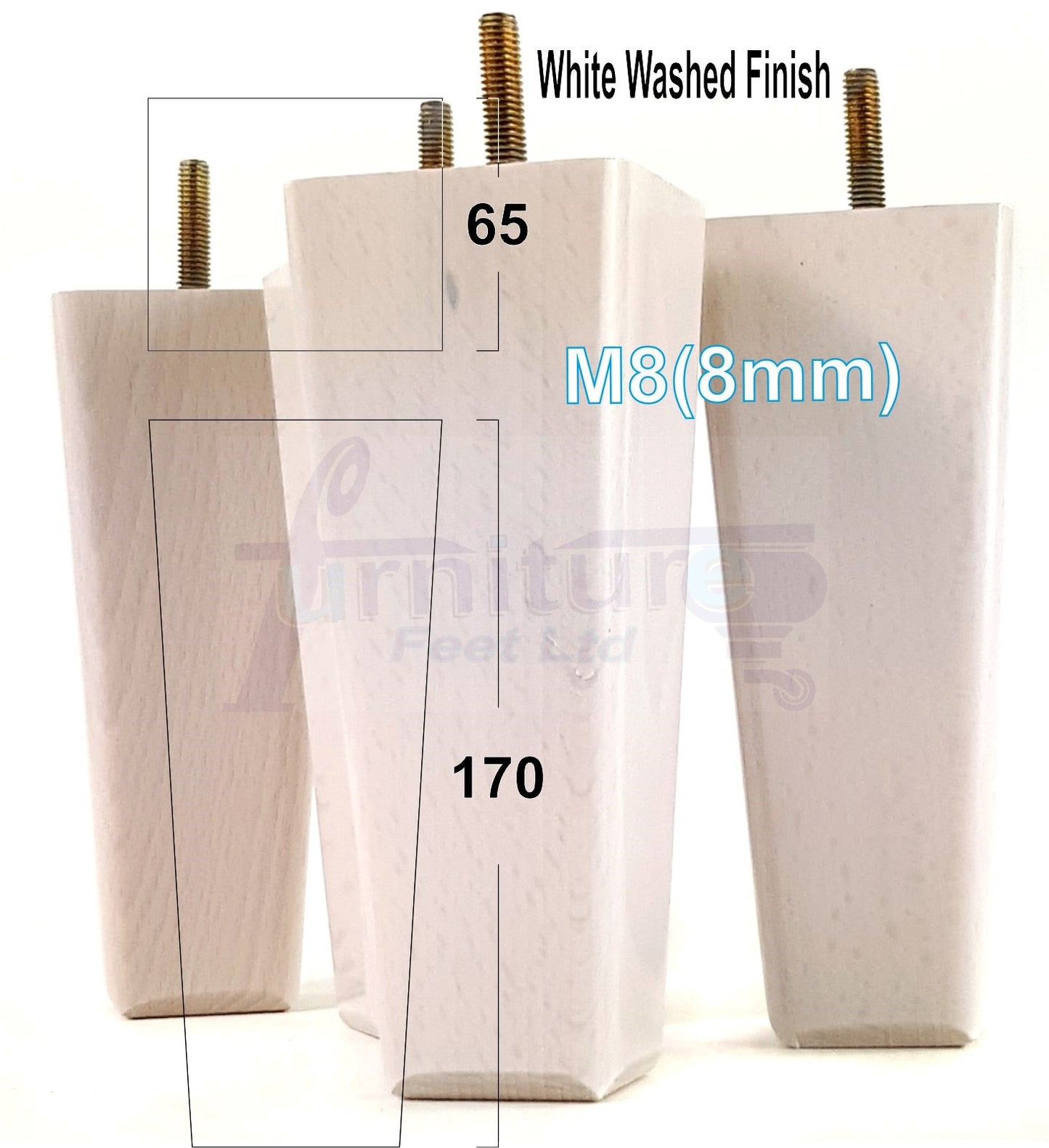 4x Wooden Furniture Legs 170mm High Replacement Square Tapered Feet 8mm