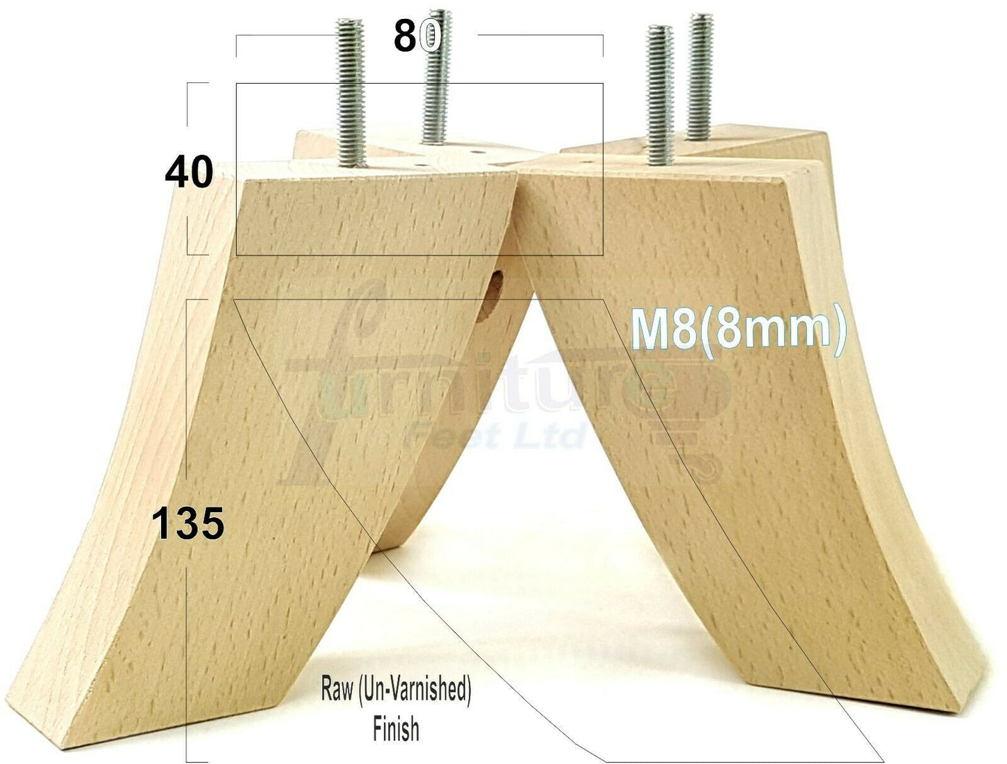 SET OF 4 WOODEN FURNITURE FEET 135mm HIGH REPLACEMENT SOFA LEGS 8mm Thread