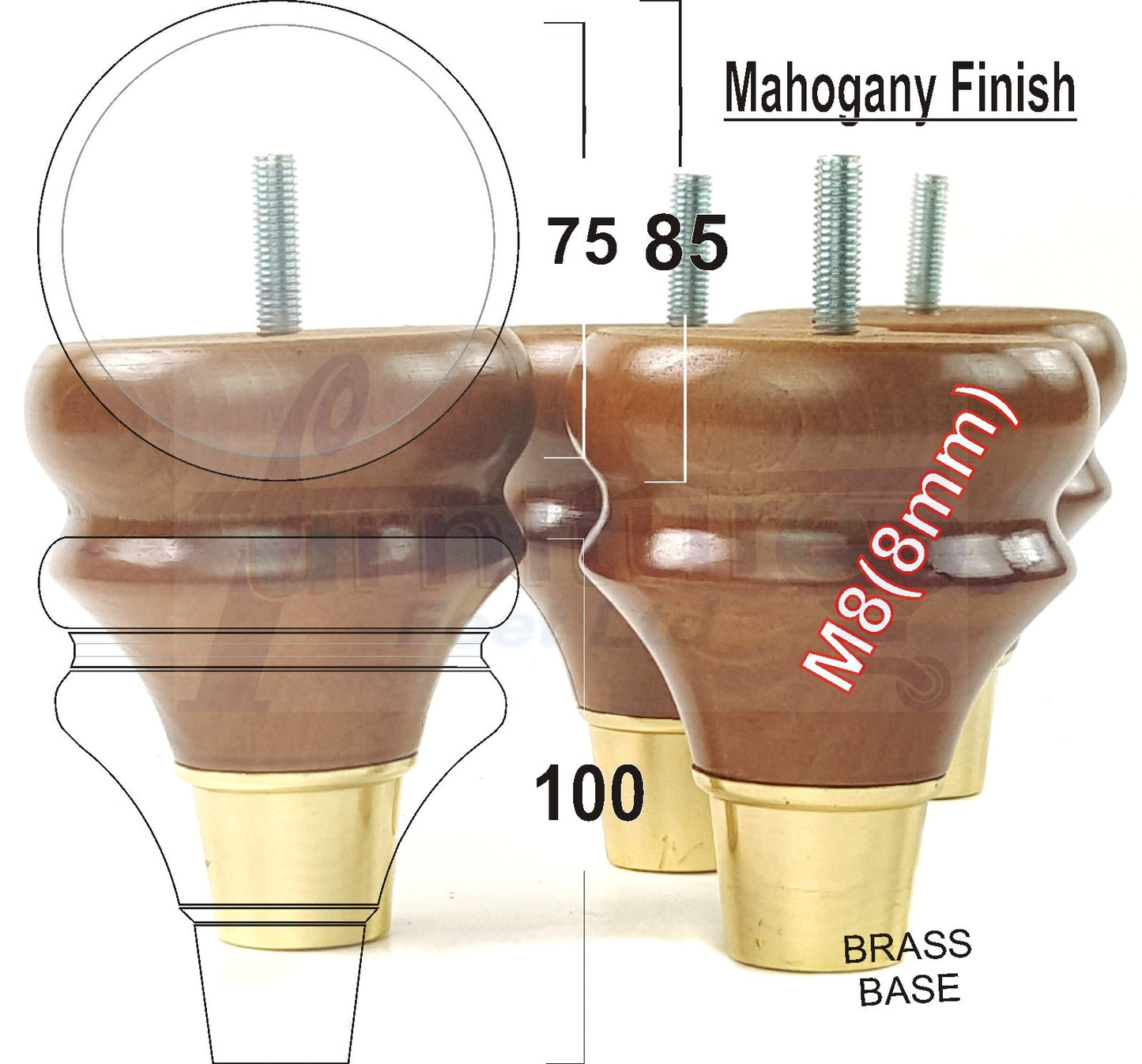 4x Turned Wood Furniture Feet M8(8mm) With Slipper Cup Chair Sofa Settee Legs 110mm