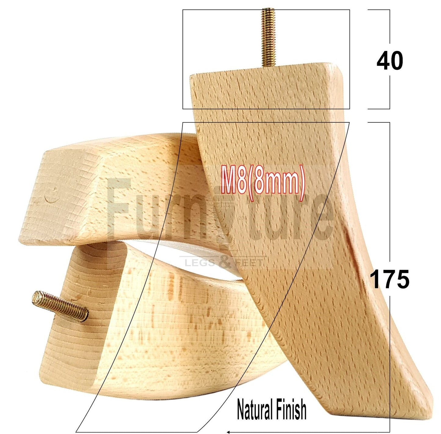 SET OF 4 WOODEN FURNITURE FEET 175mm HIGH REPLACEMENT SOFA LEGS 8mm Thread