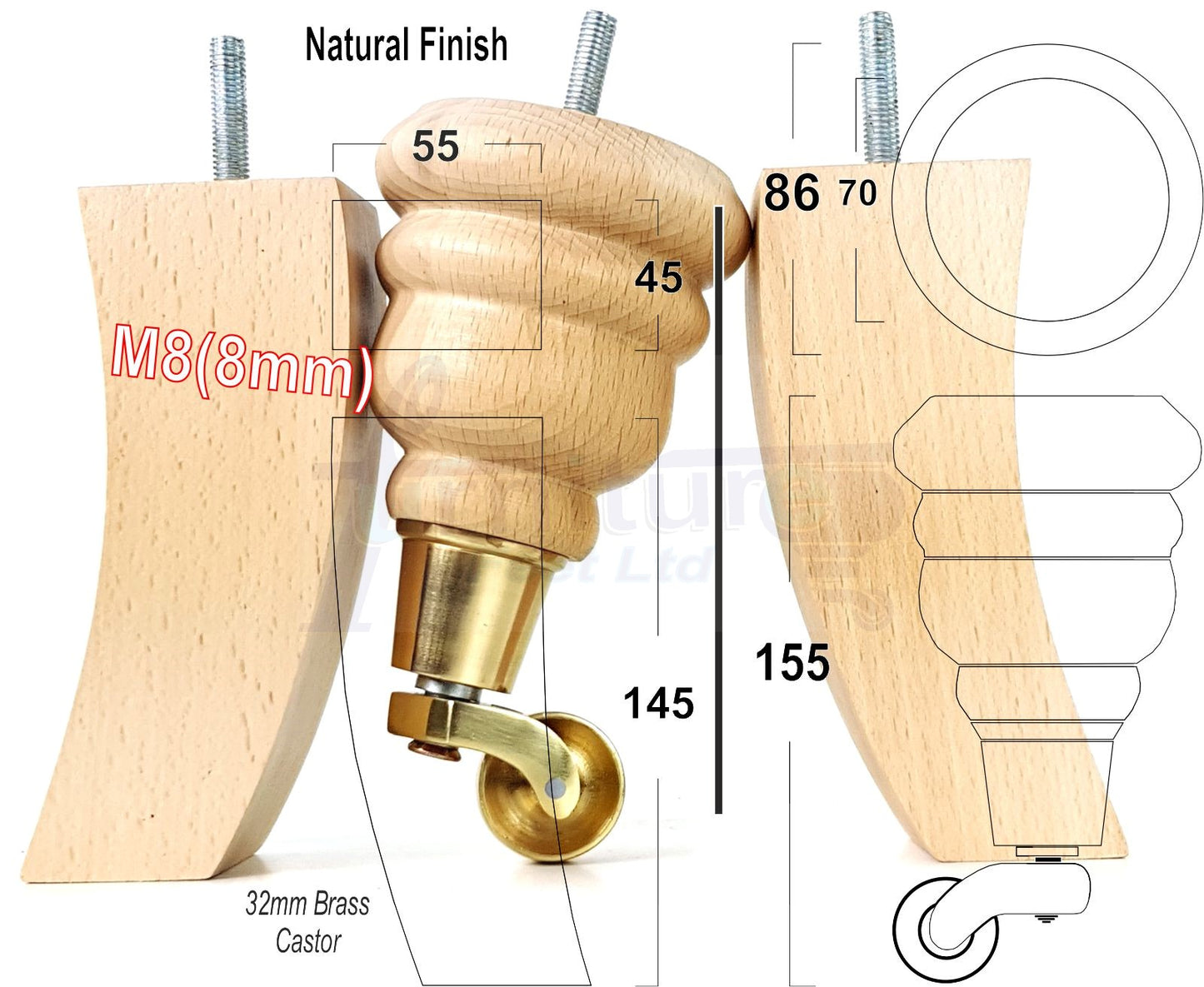 Natural Turned Wood Furniture Feet 2 With Castors 155mm and 2 Curved Back Legs Sofas Chairs Stools Cabinets Beds M8 6 Inches