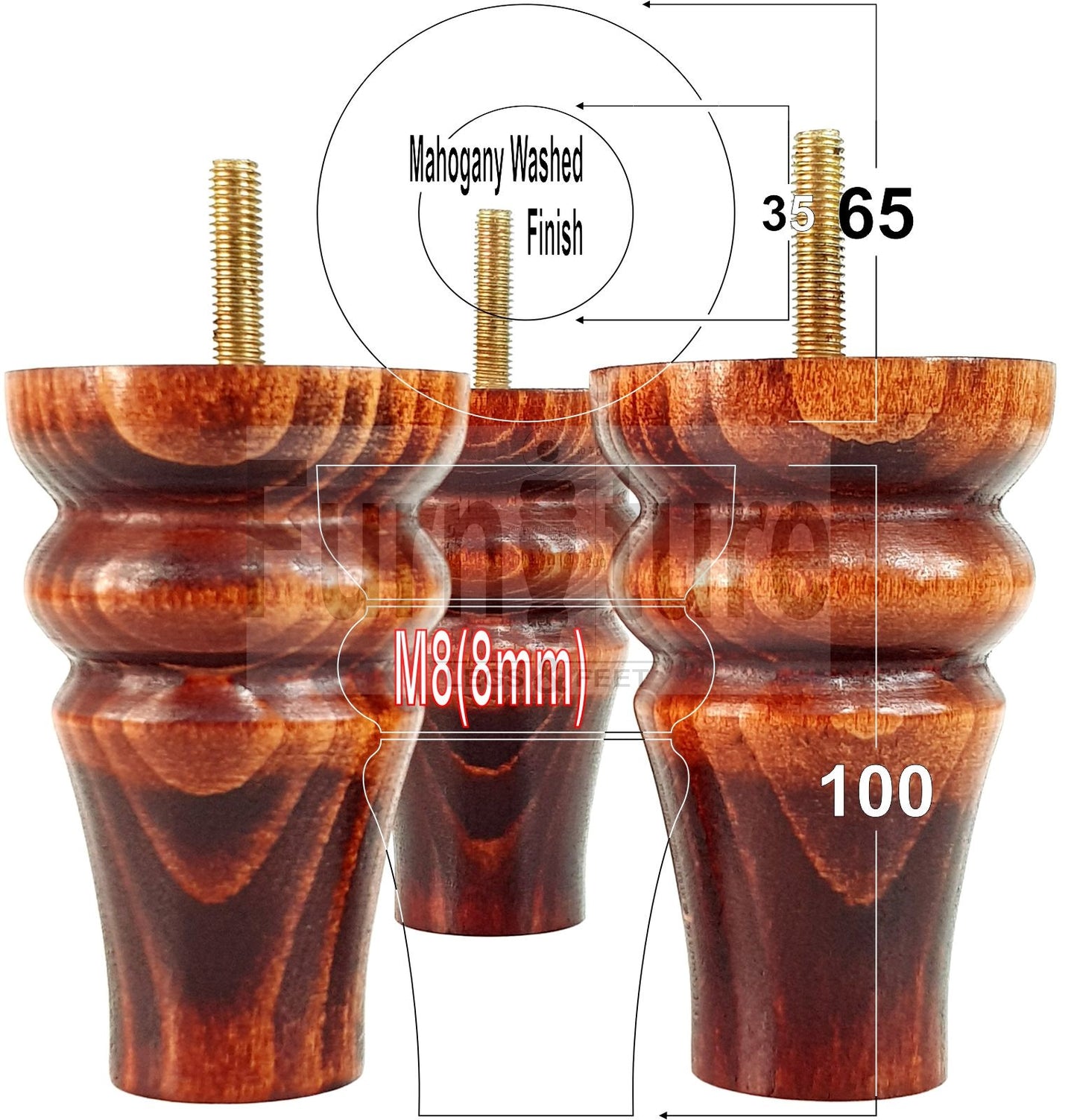 Solid Wood Turned Furniture Legs Replacement Bun Feet 100mm High For Chairs Stools Sofa Beds Settee & Cabinets M8 Set of 4 Multiple Colours