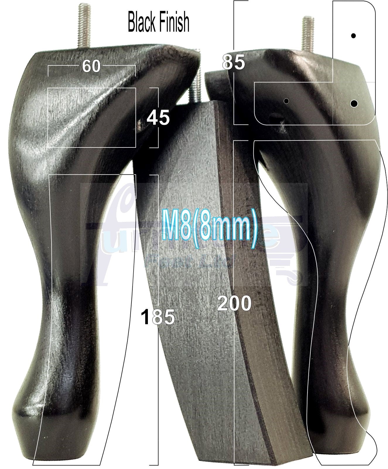 2x Vintage Queen Anne Replacement Furniture Legs & 2x Curved Back Feet 200mm High 8mm Thread