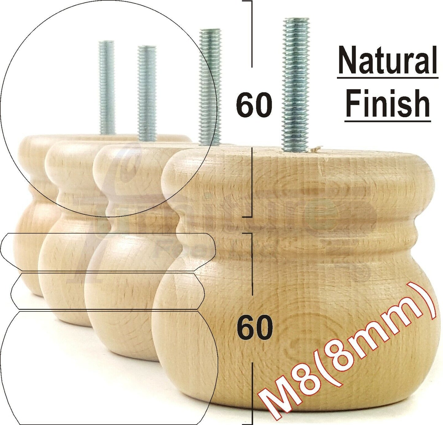 4 Wood Bun Feet Replacement Turned Furniture Legs 60mm High Multiple Colours 2 Inches Tall Chairs Stools Sofa Beds Cabinets M8