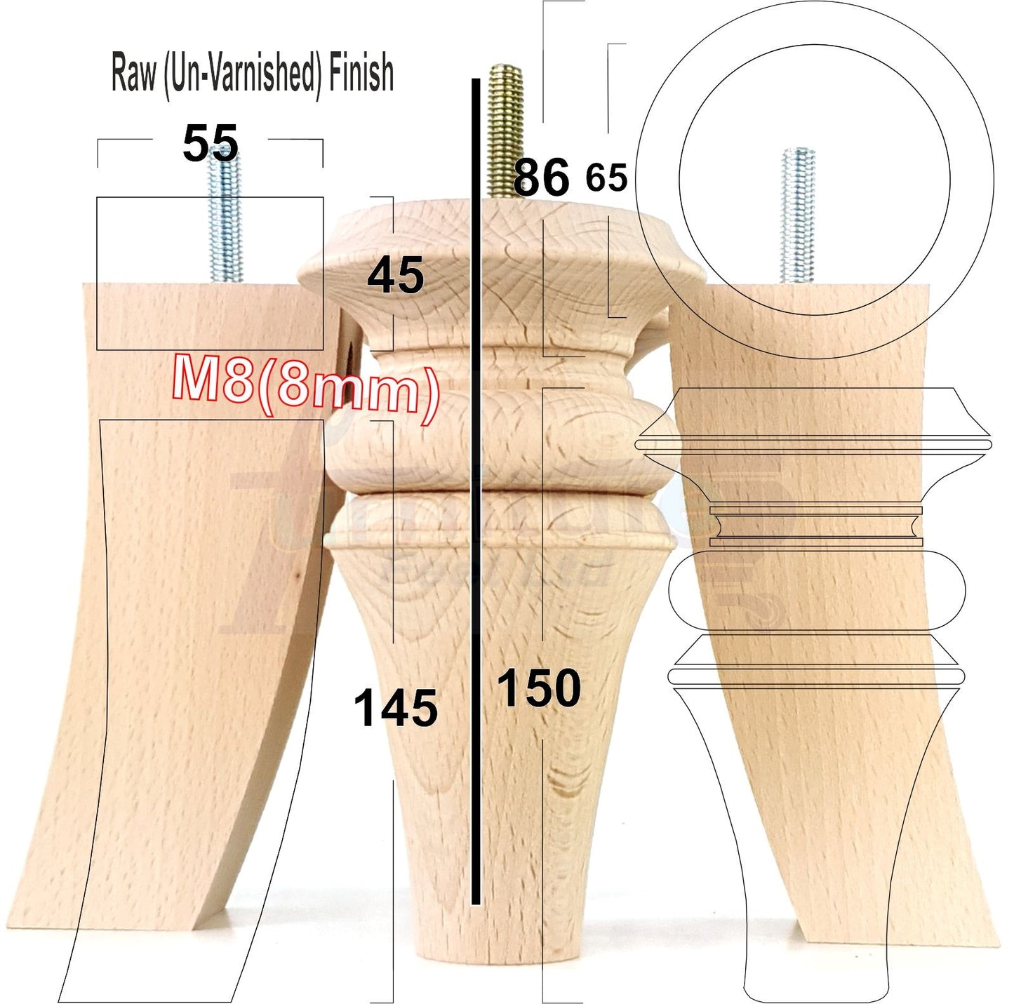 2x Turned & 2x Curved Back Wooden Feet Replacement Furniture Legs 150mm M8(8mm)
