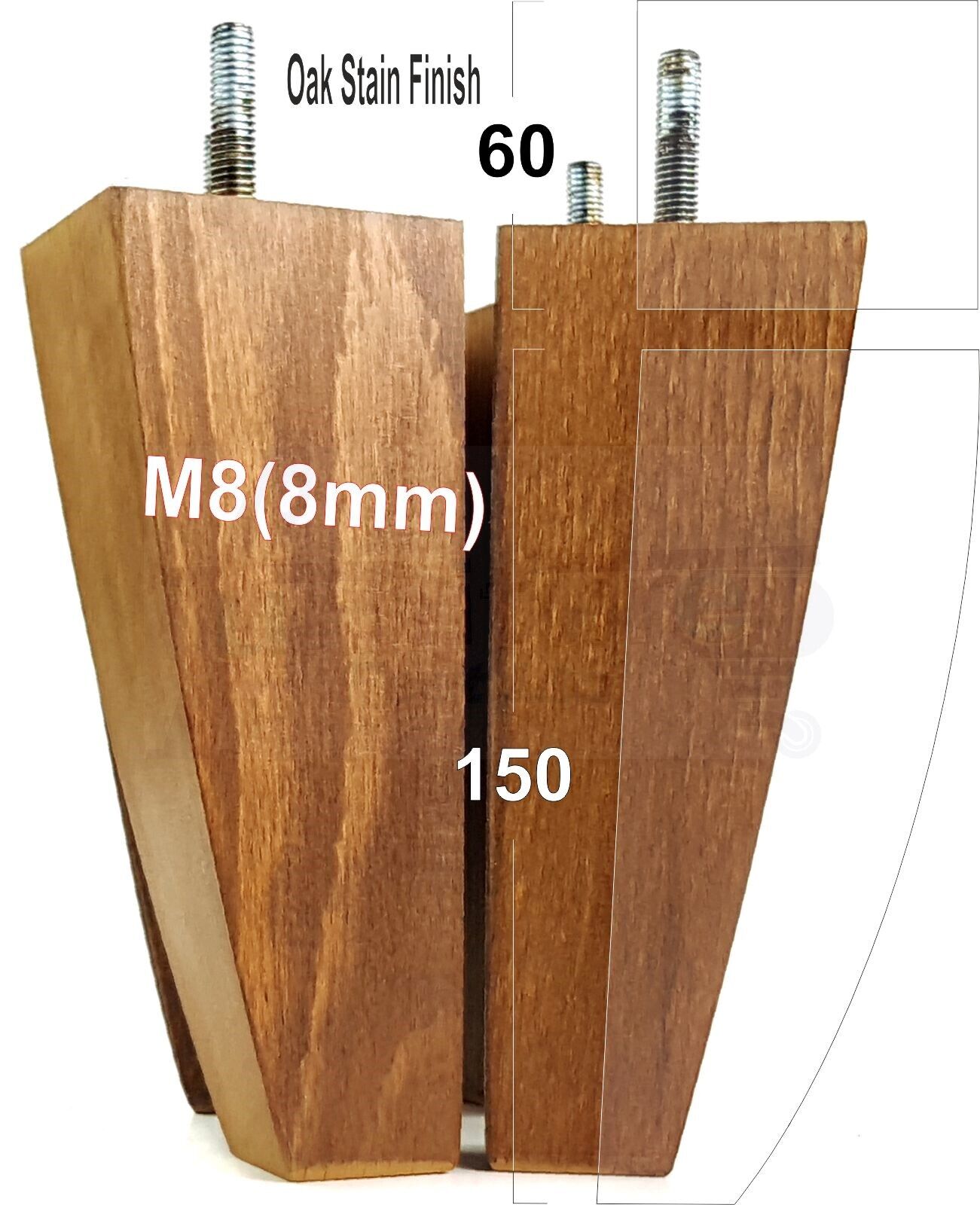 4x Tapered Square Furniture Legs Sofa Feet M8 for Chairs, Settees 150mm High