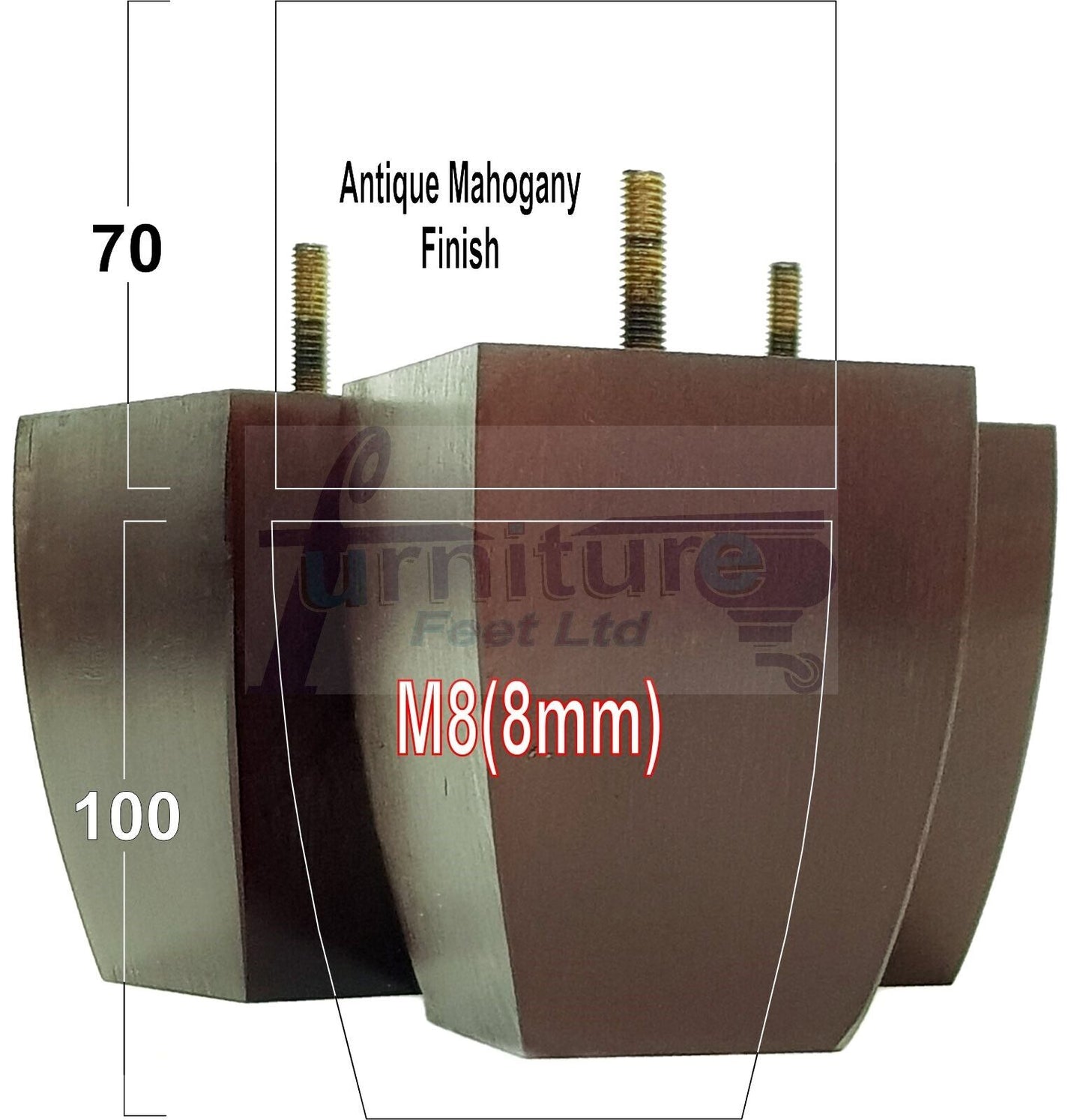 Set Of 4 Solid Wood Square Block Furniture Feet Replacement Legs 100mm High M8(8mm)
