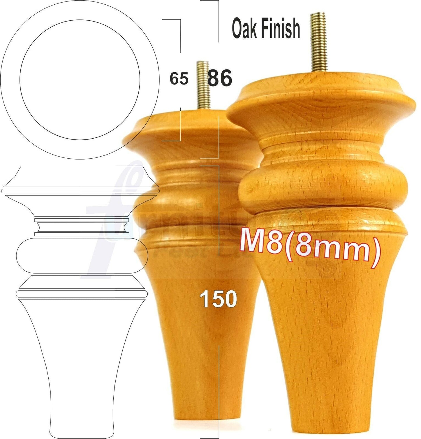 4x Turned Furniture Legs 150mm High M8(8mm) Replacement Feet