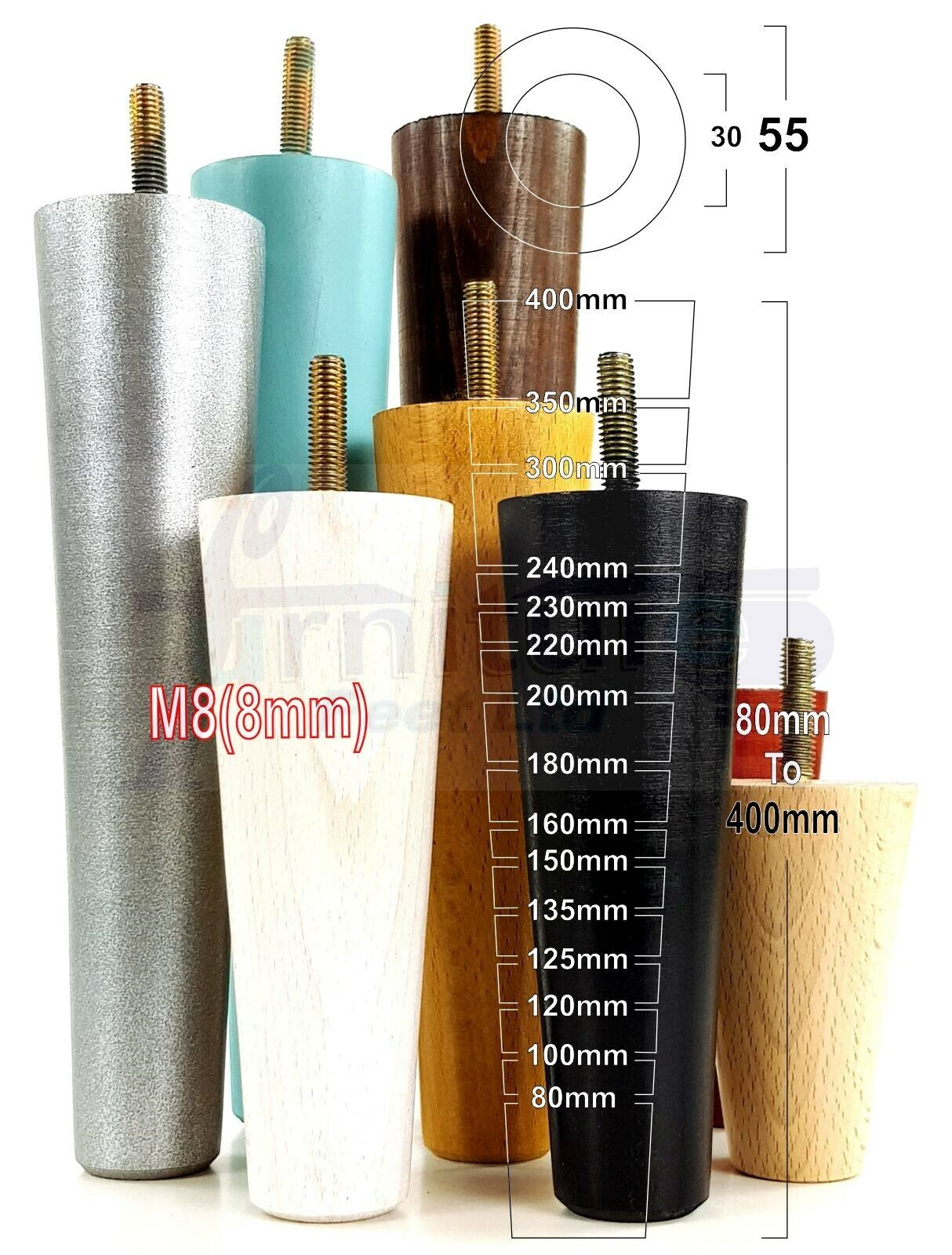 4 Turned Wood Replacement Furniture Chair Legs M8 Settee Sofa Round Feet 100mm High