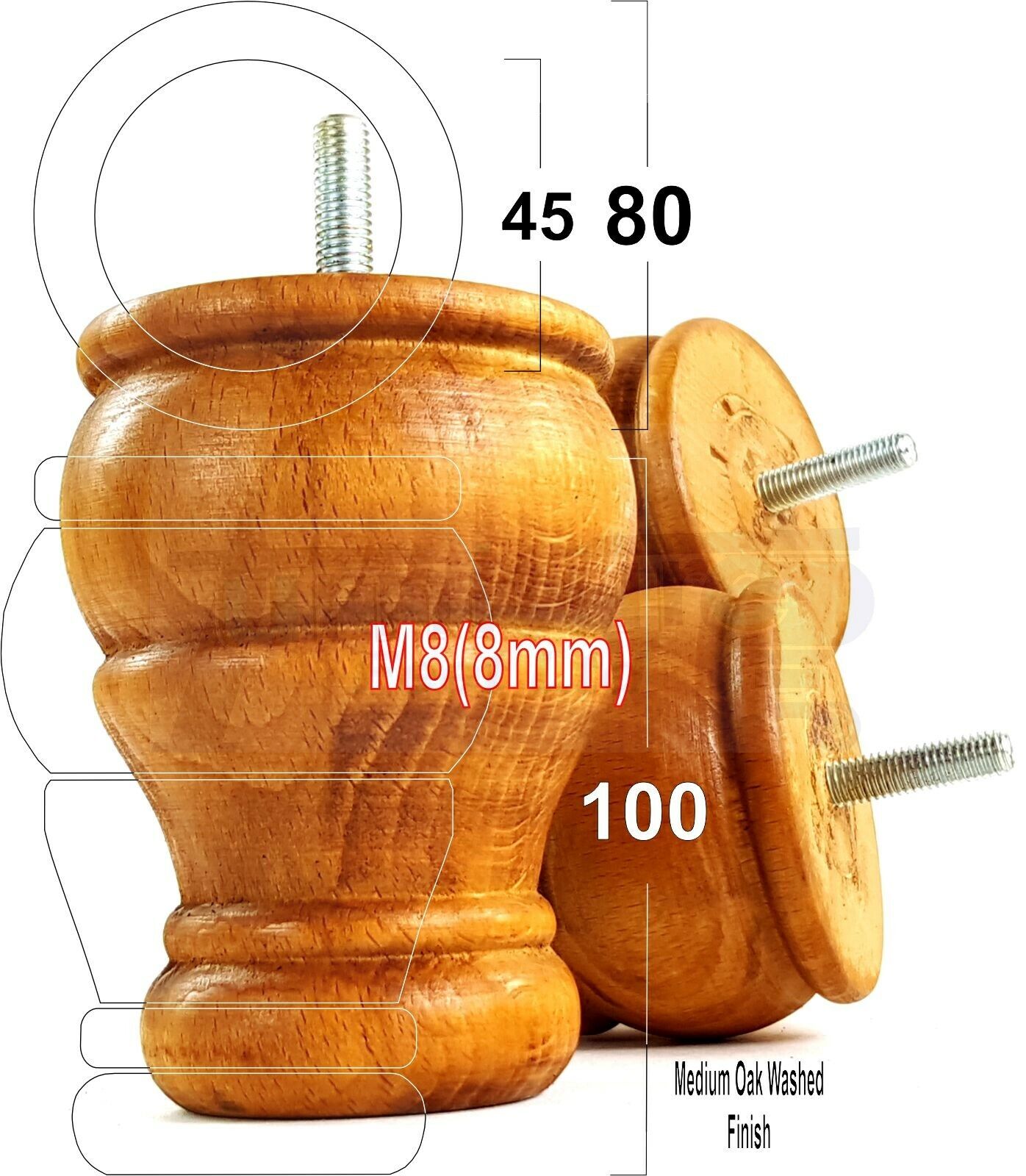 4 Turned Wood Furniture Chair Legs M8 Replacement Sofa Settee Chair Bed Feet 100mm High
