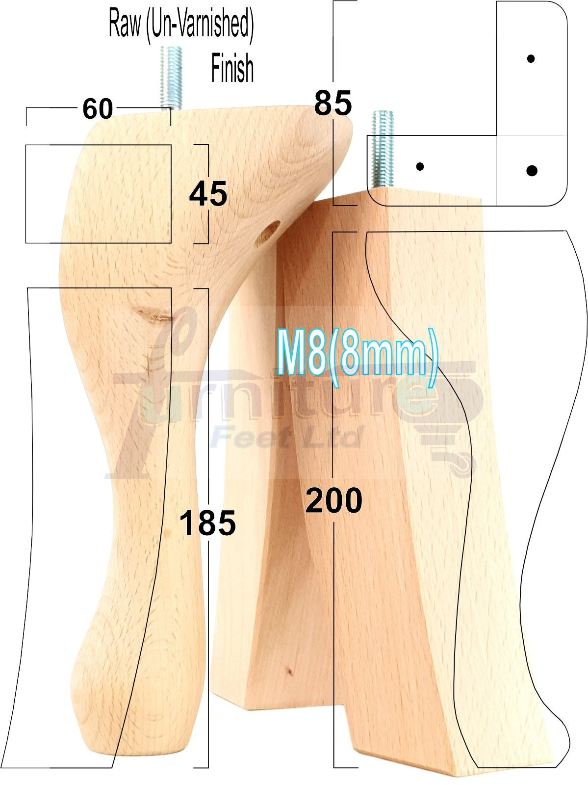 2x Vintage Queen Anne Replacement Furniture Legs & 2x Curved Back Feet 200mm High 8mm Thread