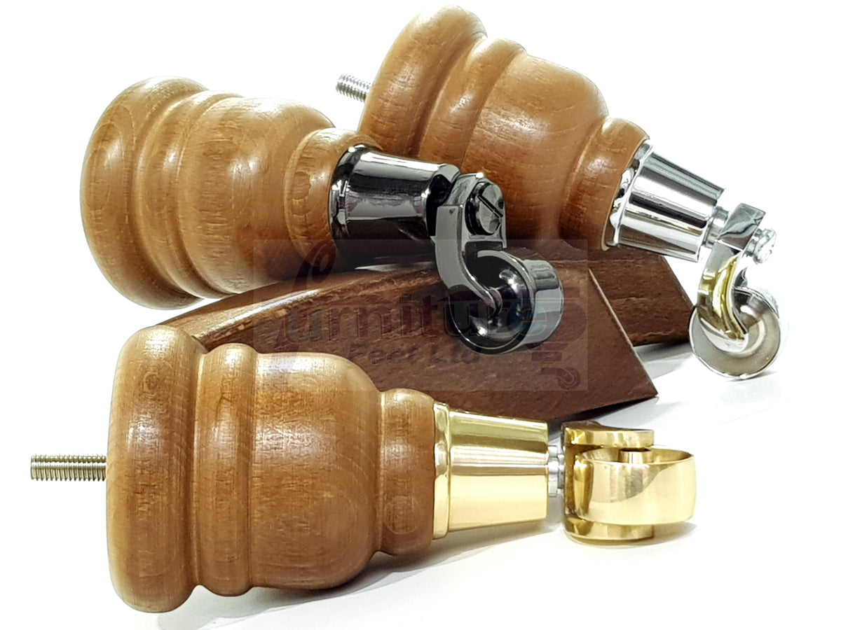 Dark Oak Stain Turned Wood Furniture Legs 2x with Castors 155mm 6 Inches High and 2x Curved Back Legs M8 Fixing