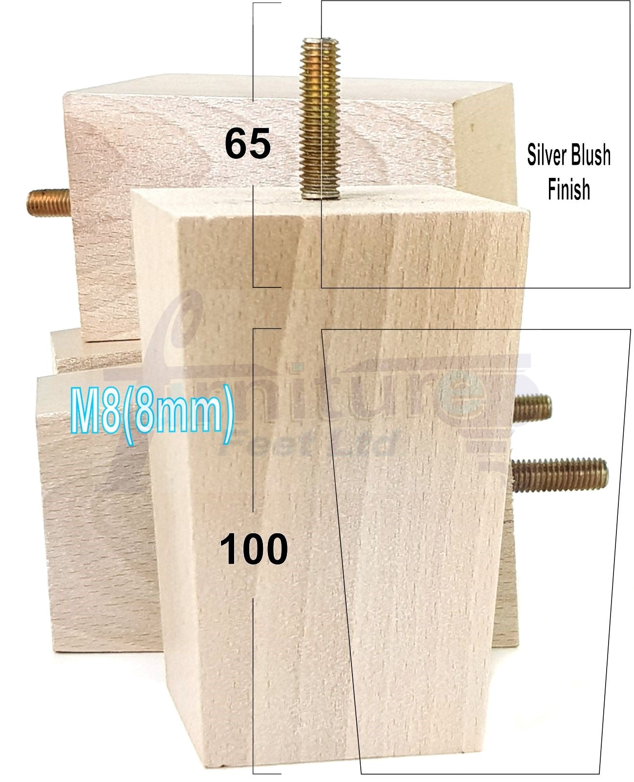 Solid Wood Furniture Feet Square Replacement Block Tapered Legs 100mm High M8 Set of 4 Sofa Chairs Stools Cabinets Beds