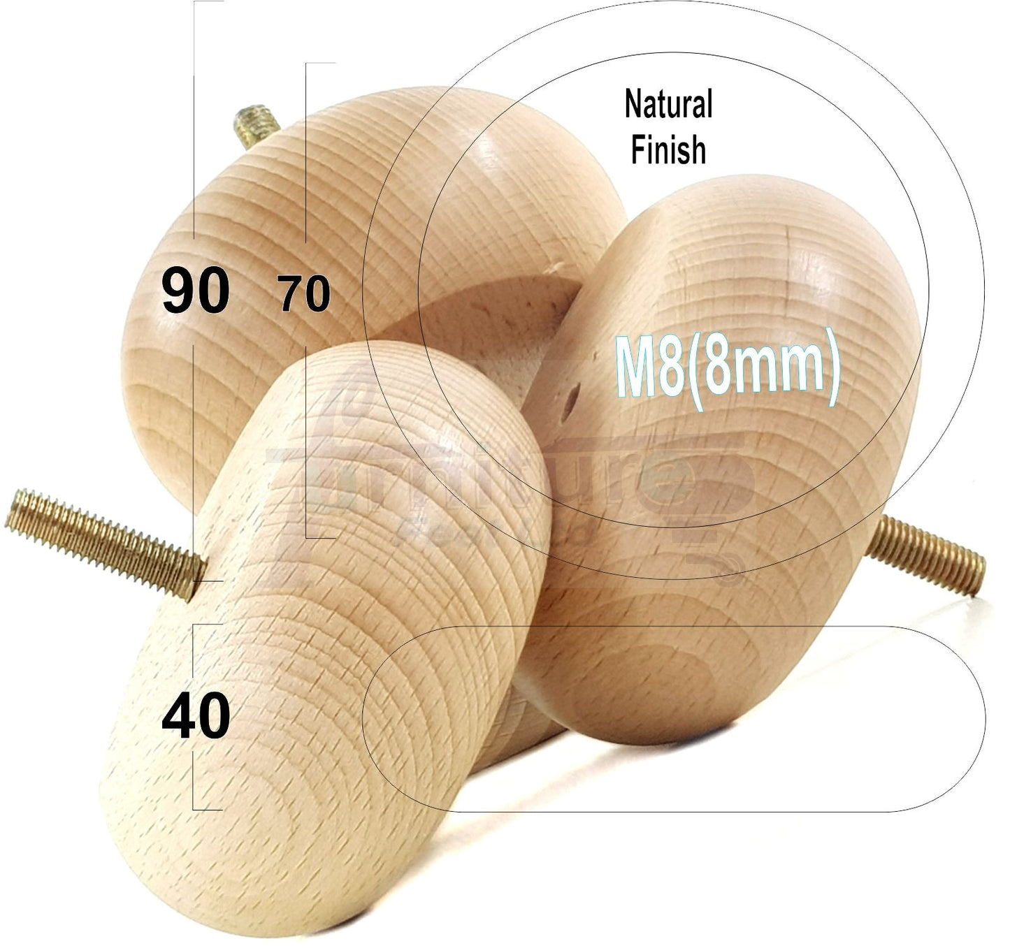 4 Solid Wood Furniture Bun Feet Replacement Legs 40mm High For Chairs Stools Sofa's Beds Settee and Cabinets M8 Multiple Colours