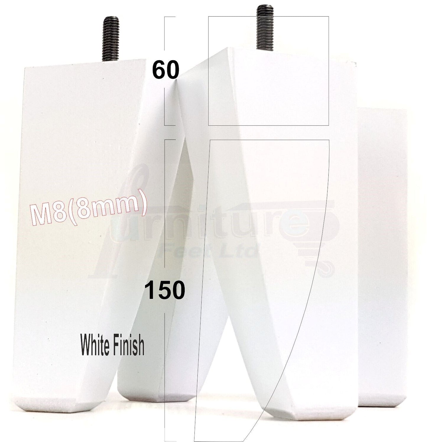 4x Tapered Square Furniture Legs Sofa Feet M8 for Chairs, Settees 150mm High