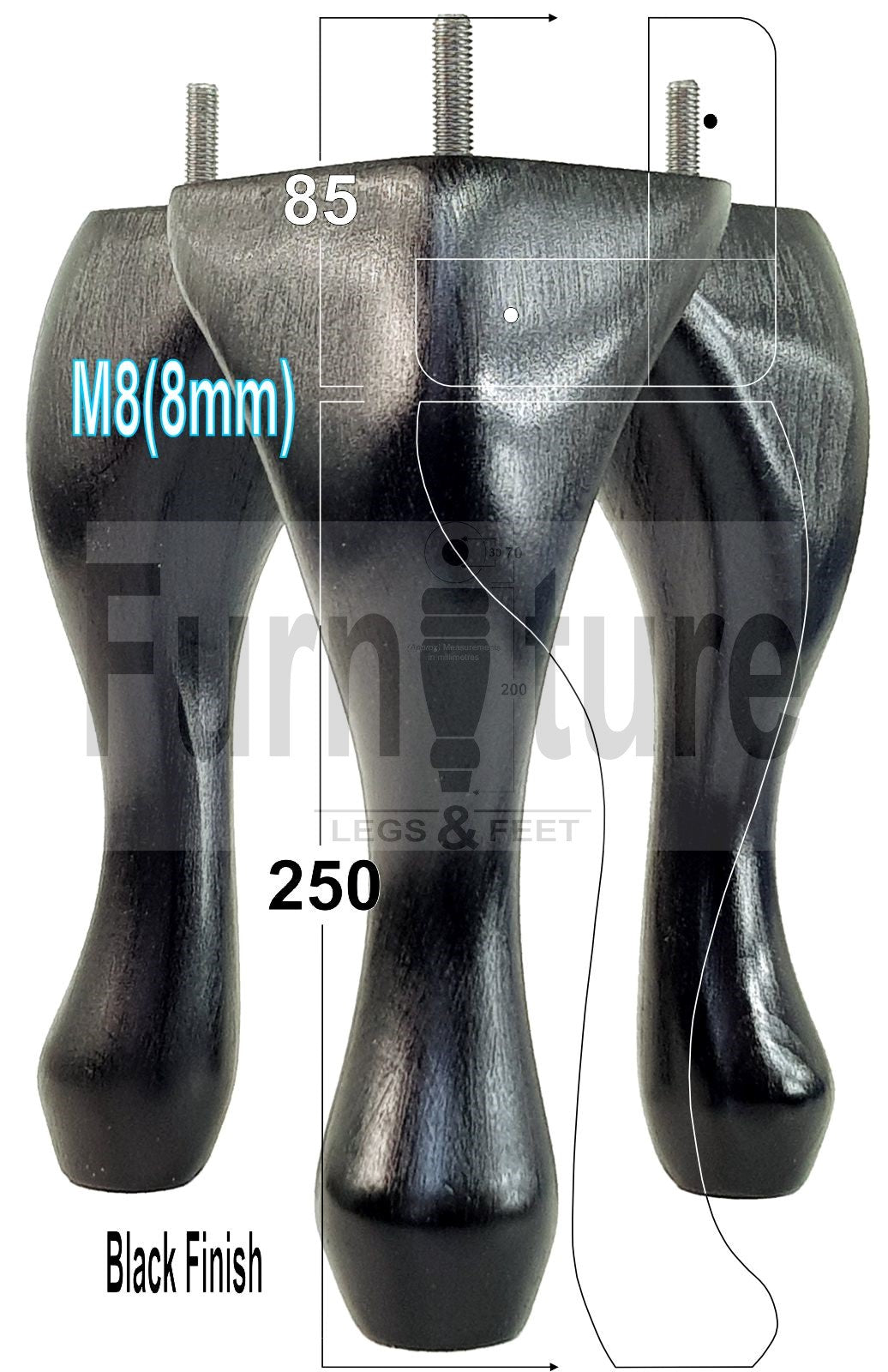 4 Replacement Traditional Queen Anne Furniture Leg 250mm High Sofa Chair Beds M8