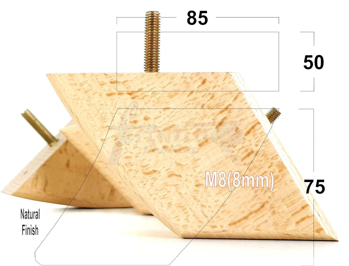 SET OF 4 WOODEN FURNITURE FEET 75mm HIGH REPLACEMENT SOFA LEGS 8mm Thread